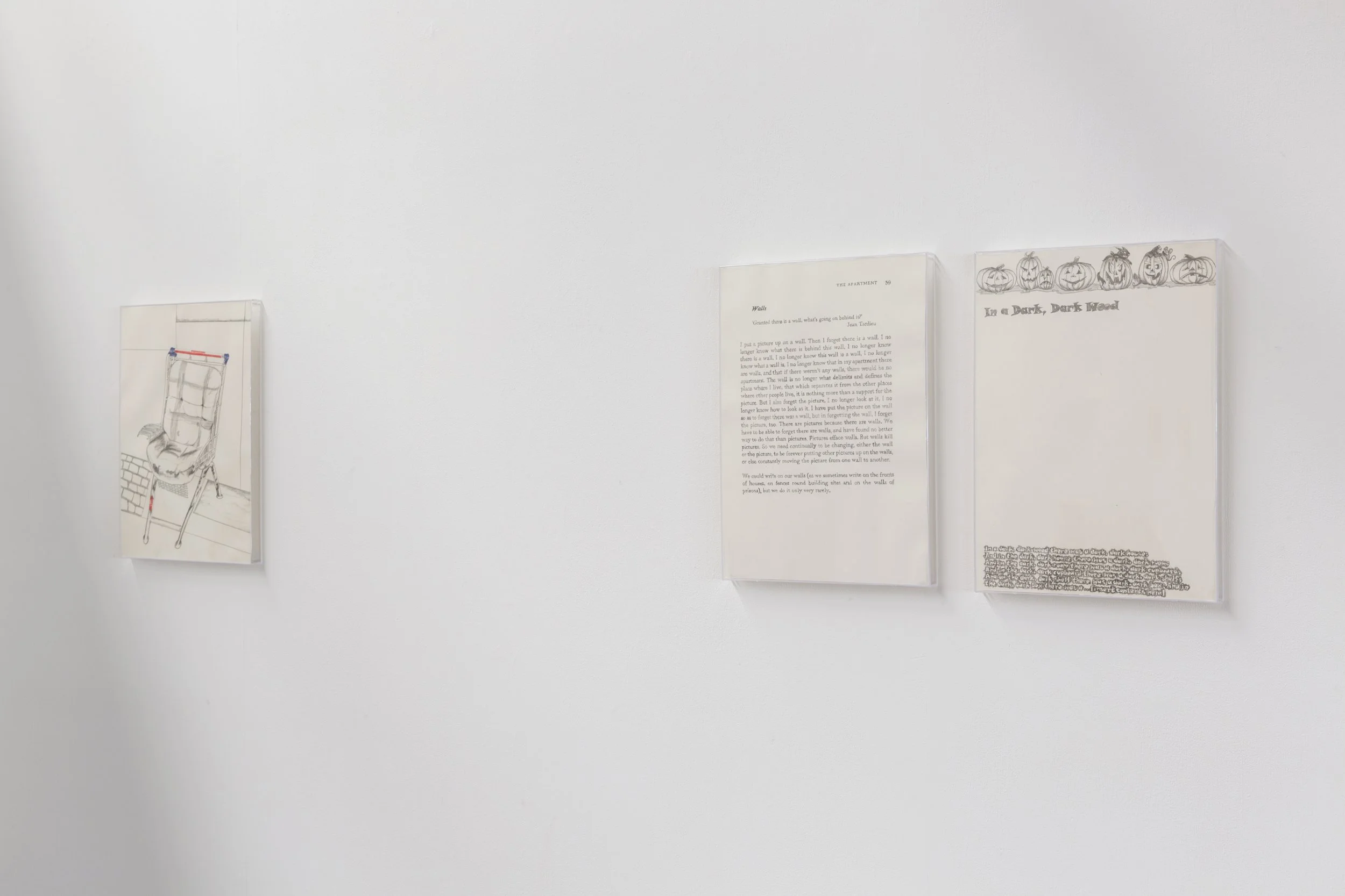   (left to right)    Chair; Page; Room   Pencil on paper, acrylic frames  210 × 297 mm each  Documentation by Lucy Foster, 2019 