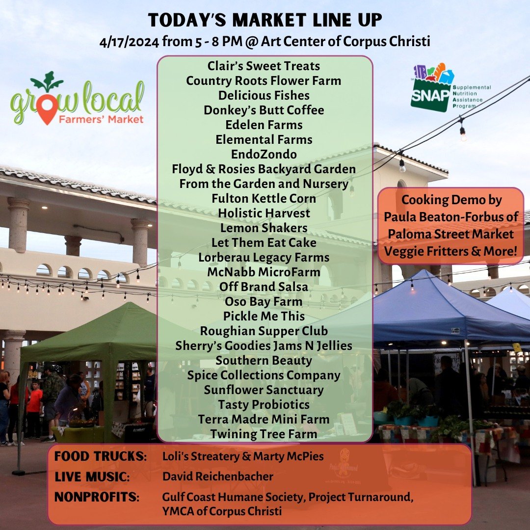 🍓 Bring your family, meet with friends at the Grow Local Farmers&rsquo; Market today from 5 - 8 pm at the @artcentercc

➡️ VENDORS: Clair's Sweet Treats, @countryrootsflowerfarm, @jaycobsdf, @donkeysbuttcoffee, @edelenfarms, @elemental.farm.tx, @end