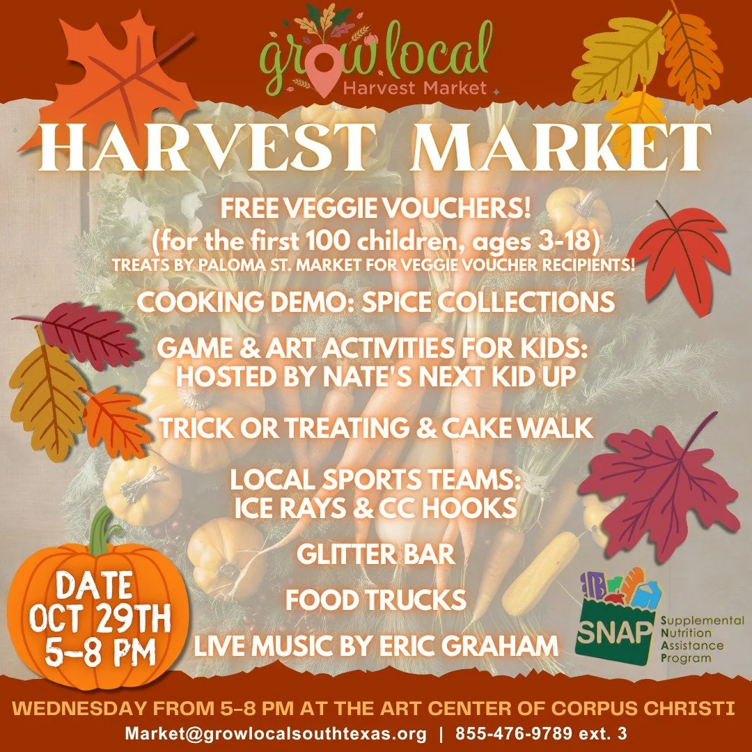 🗓️Mark your calendars for the Grow Local Harvest Market!
The @artcentercc and Grow Local are collaborating to bring you a fun and tasty afternoon at the market.  There is a little something for everyone!
Back by popular demand, our Free Veggie Vou