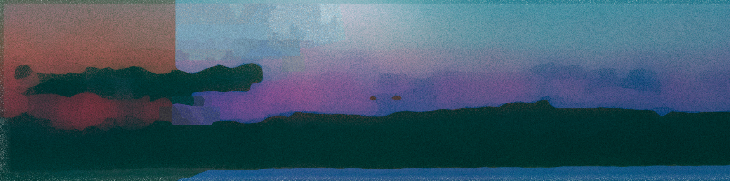 A mountain landscape with a colorful sky at sunset or sunrise.