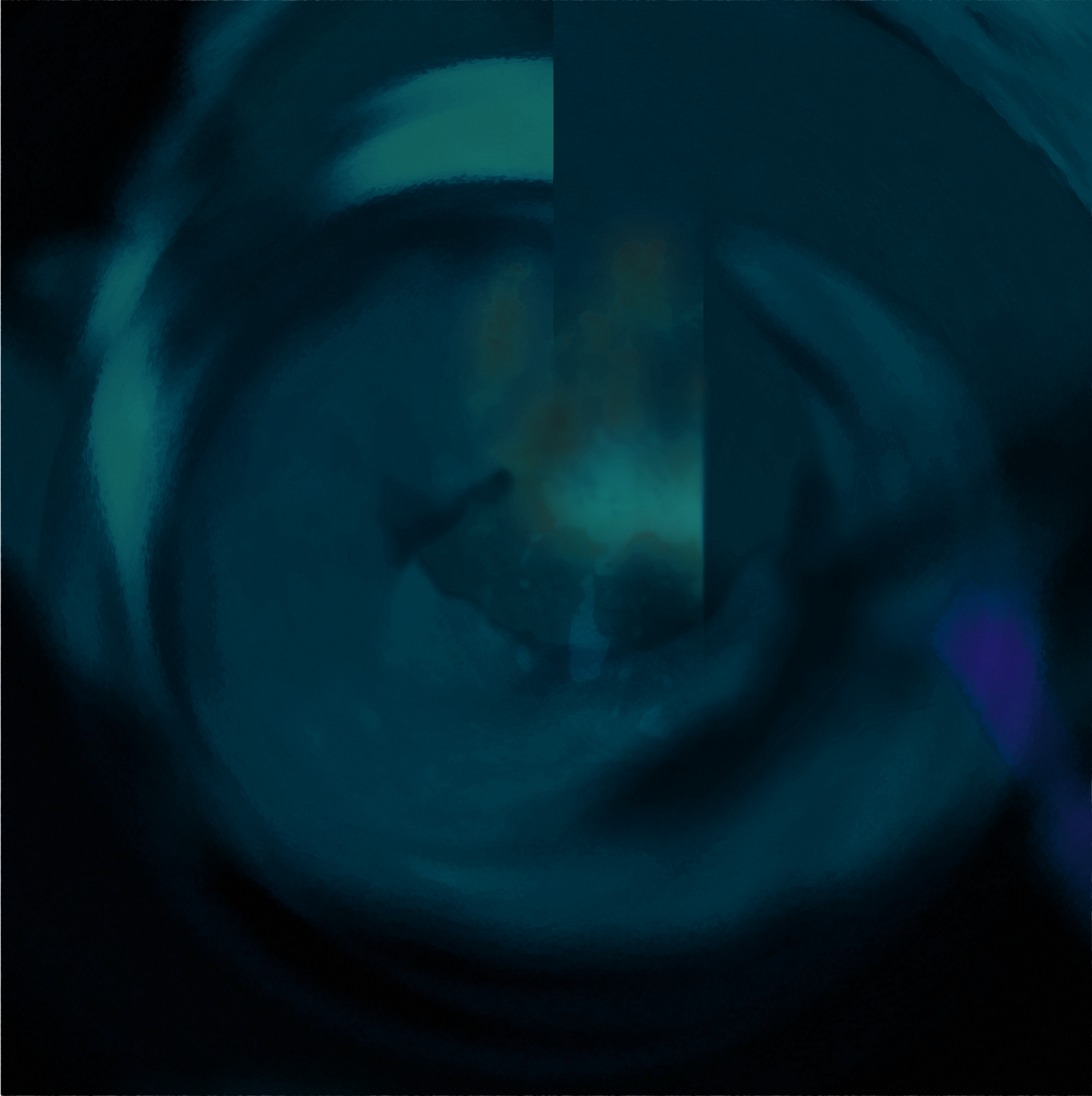 Abstract digital art with dark blue, green, and purple swirling patterns and light flares.
