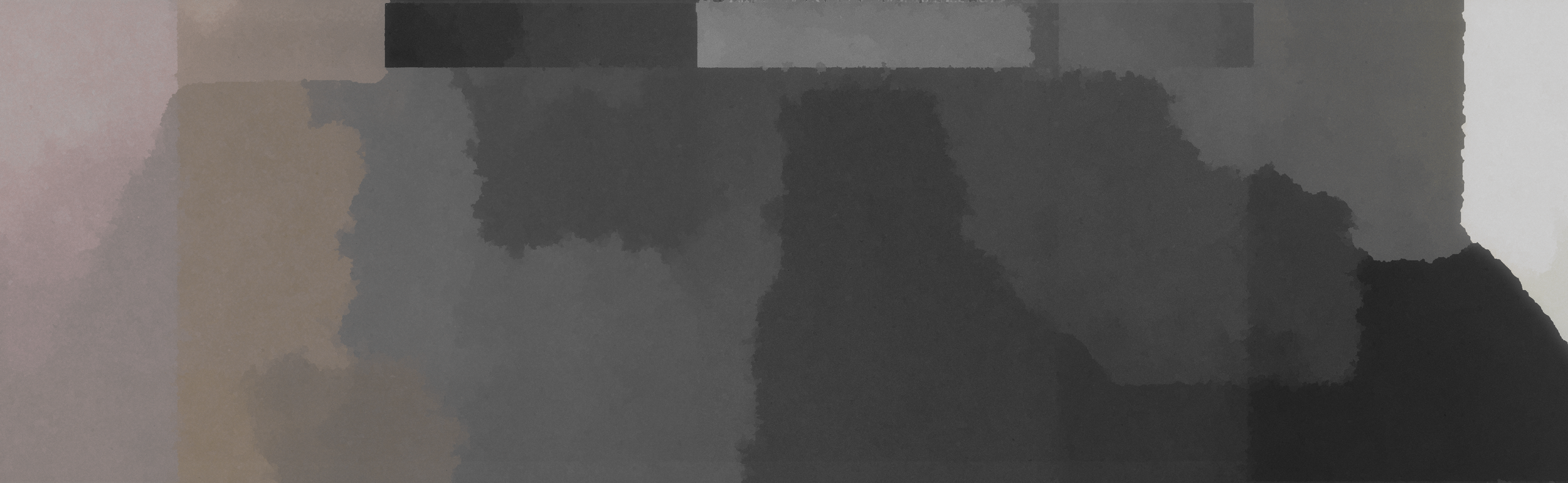 A blurry, pixelated image with indistinct shapes and colors, mainly in shades of gray, black, beige, and white. On Guzheng Trio No. 2, "Scrimshaw."