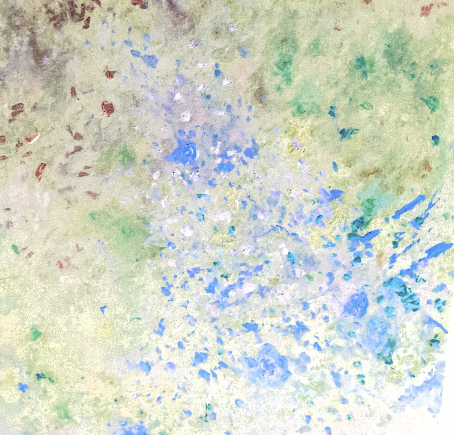 Abstract watercolor painting with splashes of blue, green, purple, and brown on a light background. Art for the Azeri Piano Trio No. 1, "Conference of the Birds."