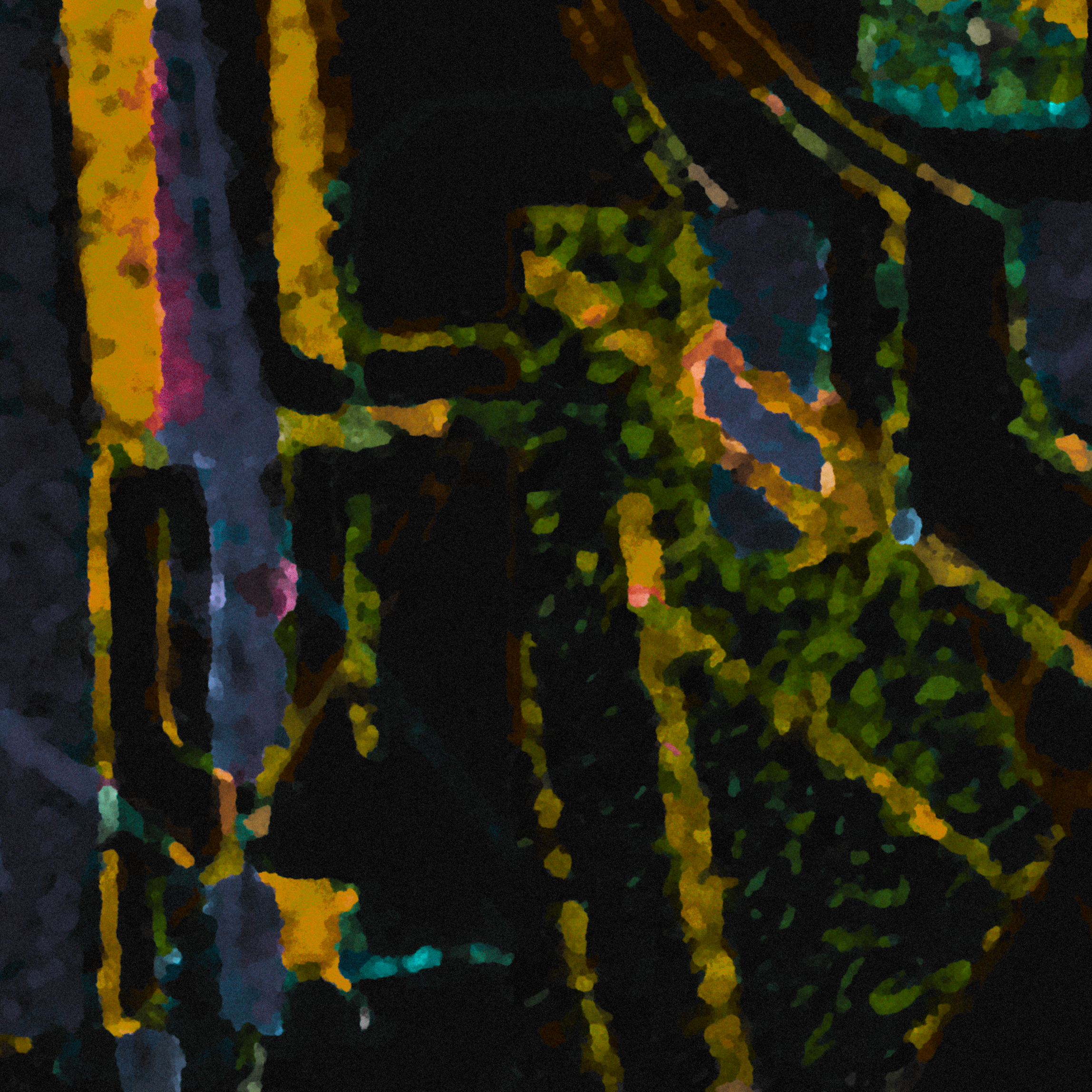 A pixelated and abstracted image with various colorful streaks and patches of color on a dark background, difficult to identify specific objects. For Orchestral Suite No. 1, based on Piano Suite No. 1, "Italian."