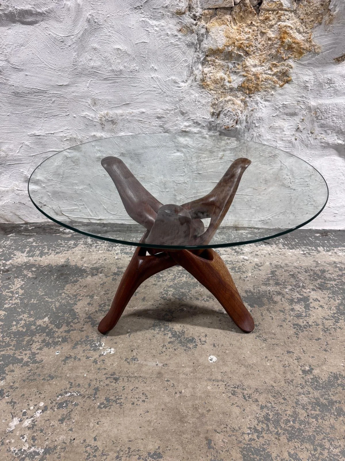 Mid-Century Modern Accent Table Carved from Solid Teak With Interlocking Legs & Glass Top