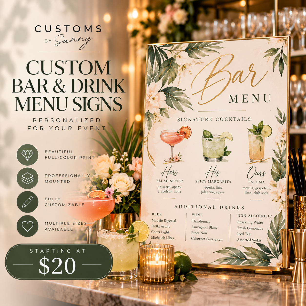 Custom Bar & Drink Menu Sign | Personalized Event Bar Sign