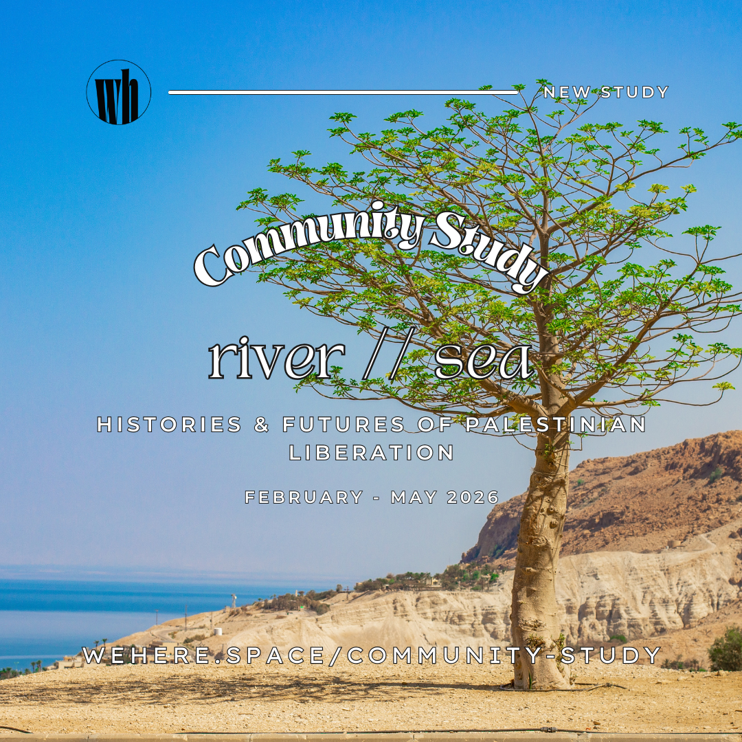 Square event flyer over a bright coastal landscape: a single leafy tree stands in sandy ground in the foreground, with blue sea to the left and pale rocky cliffs and hills to the right under a clear sky.