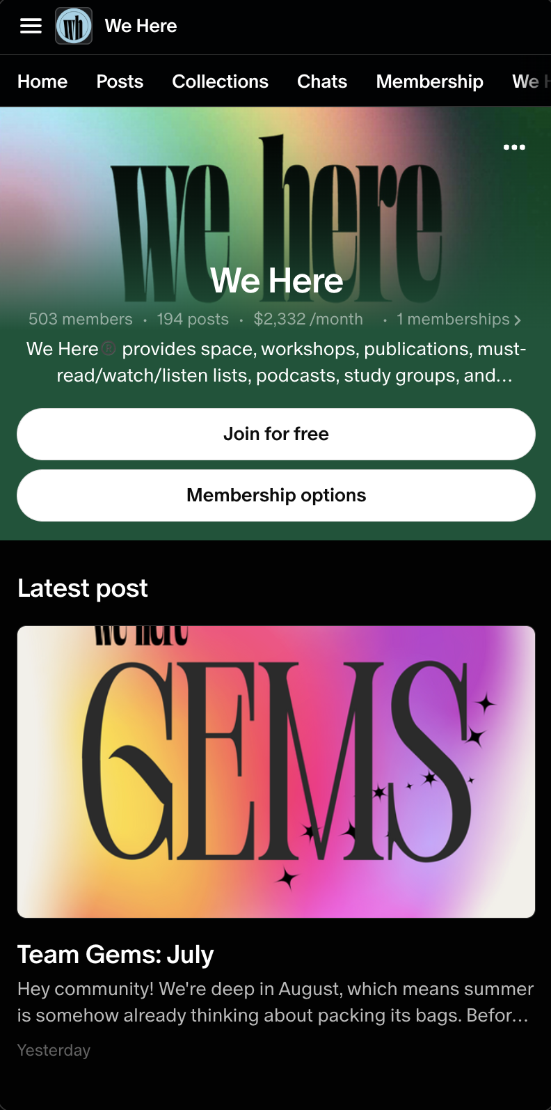 Screenshot of mobile view of We Here's Patreon page.