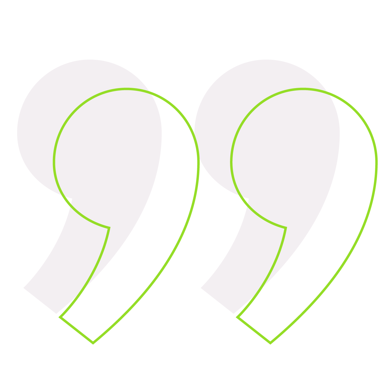 Close-up of a large closed quotation symbol outlined in neon green with a drop shadow shape filled in transparent white background.