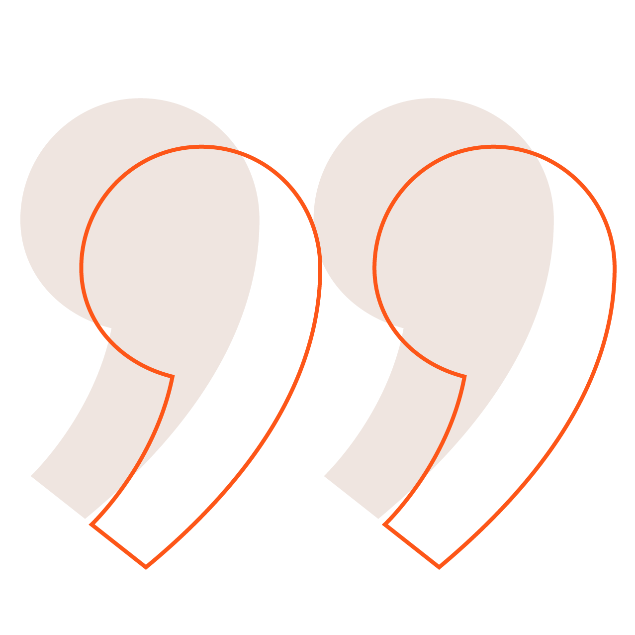 stylized design of closed quotation marks outlined in bright orange and with a drop shadow shape filled in transparent white.