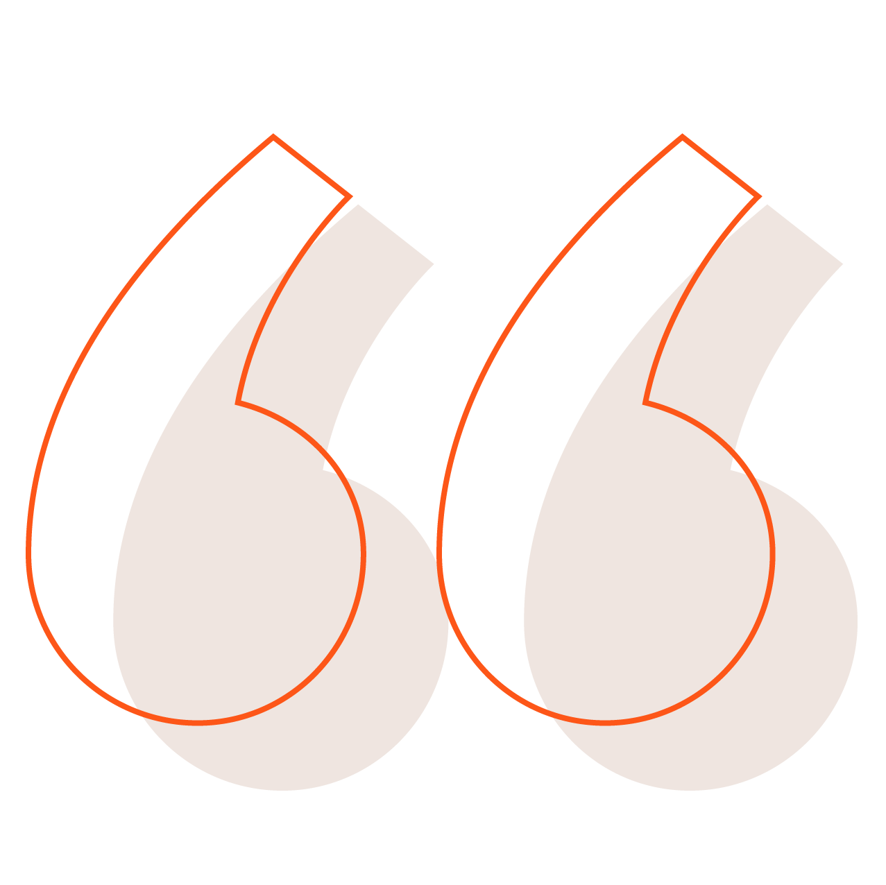 stylized design of open quotation marks outlined in bright orange and with a drop shadow shape filled in transparent white.