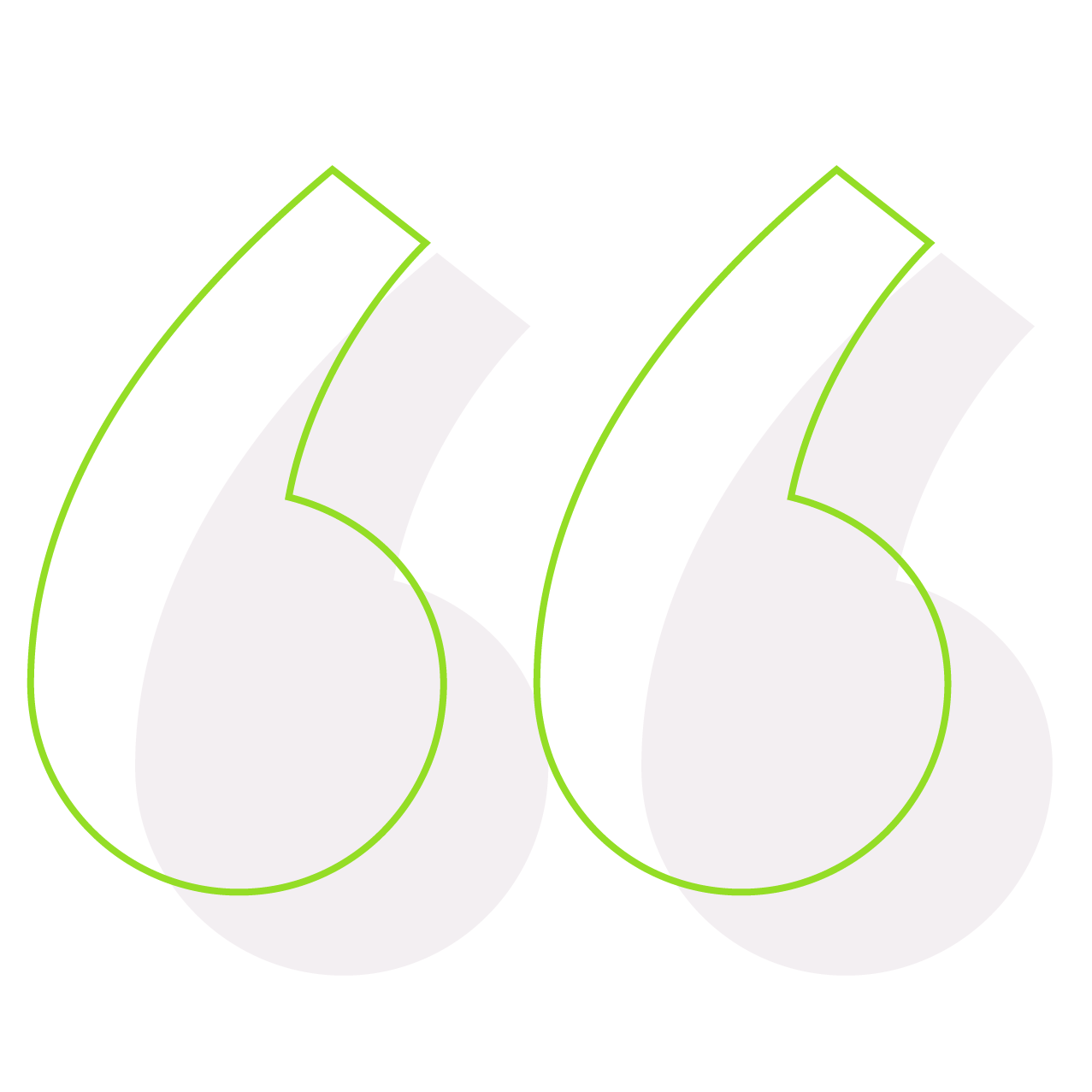 Close-up of a large open quotation symbol outlined in neon green with a drop shadow shape filled in transparent white background.