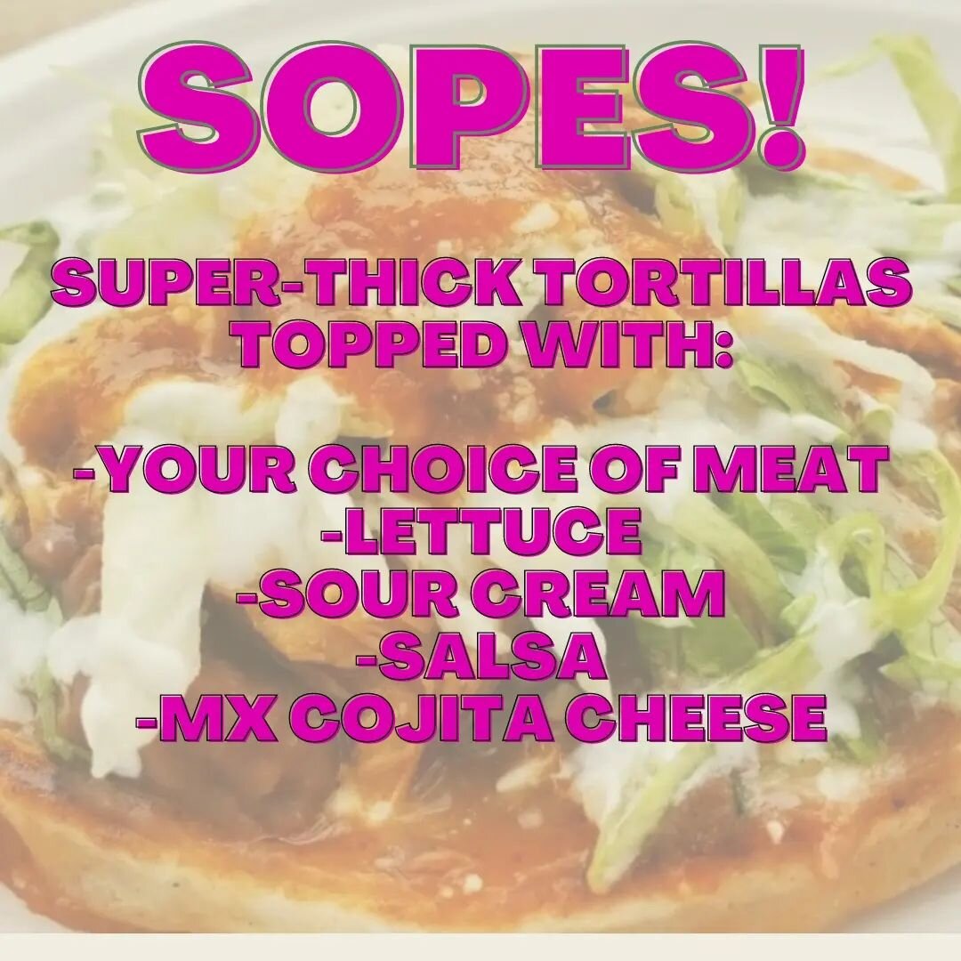 Have you tried our SOP&Eacute;S yet?? 

It's a super-thick tortilla topped with your choice of meat +:

-lettuce
-cheese
-salsa

What's your favorite SOP&Eacute;??

🇲🇽🇲🇽🇲🇽🇲🇽🇲🇽🇲🇽🇲🇽🇲🇽🇲🇽🇲🇽🇲🇽

Ya probaste nuestros SOP&Eacute;S??

 E