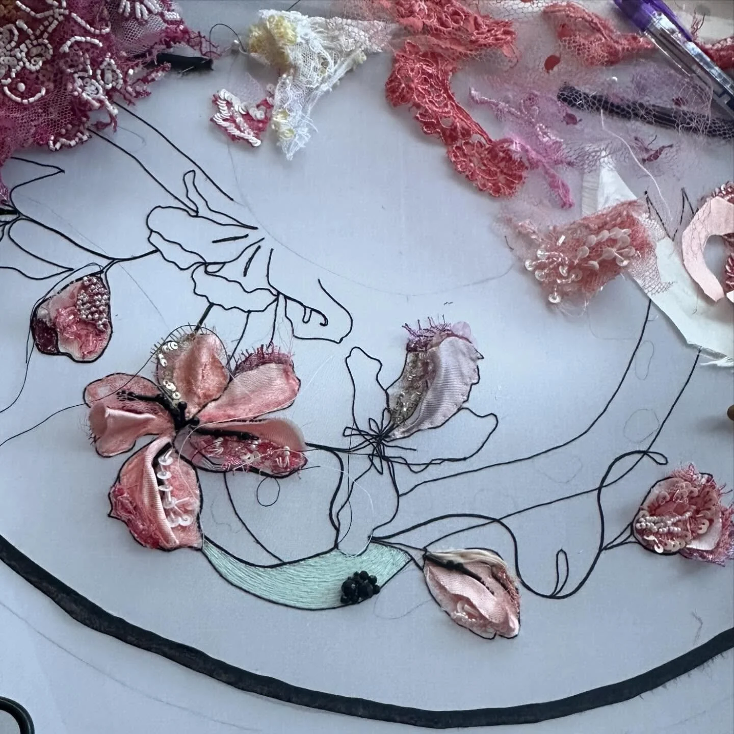 A little in progress shot of one of my favourite pieces this year!

I absolutely adored creating this piece, the challenge of collaging upcycled materials for the embroidery work and the joy of working with these exquisite textile remnants generously