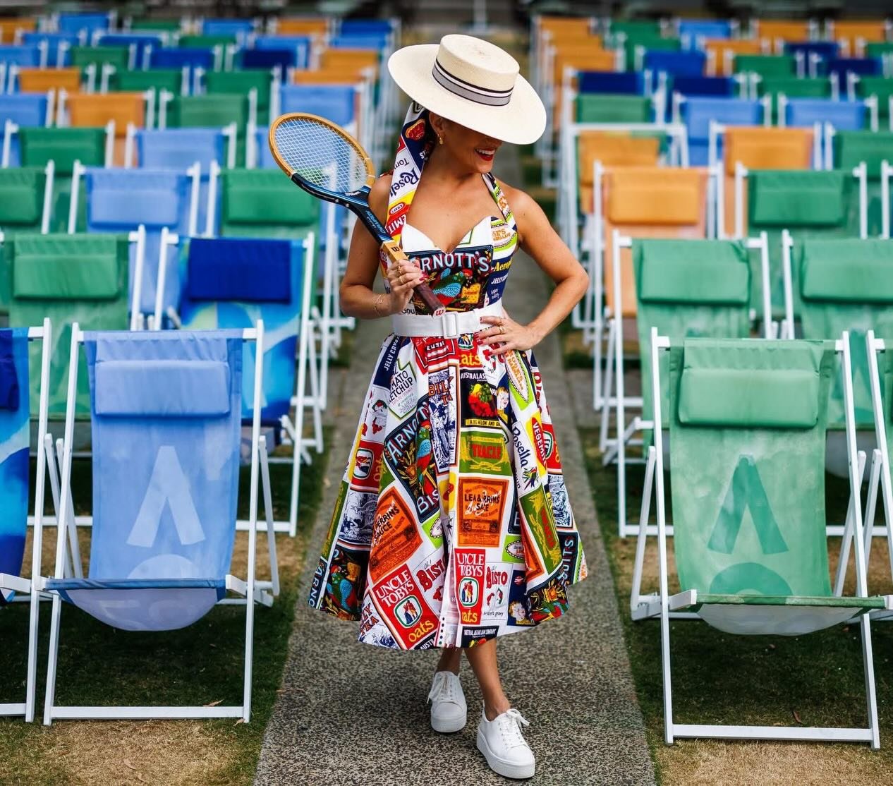 @fashion_critical looking Australiana perfect today at the @australianopen in this incredibly fun frock by @daniellearmontcouture and my classic Panama flat top sun hat with bespoke ribbon trim.