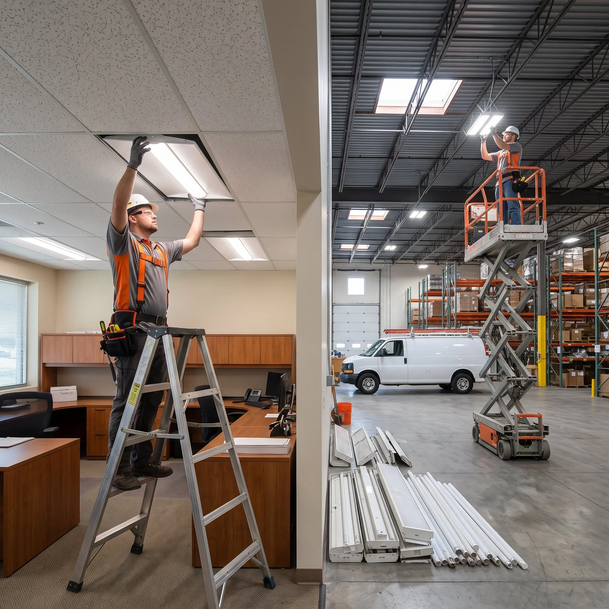 Two workers installing ceiling tiles in an indoor industrial warehouse. One worker is on a ladder reaching up to the ceiling, while the other is elevated on a scissor lift, working on the ceiling. The warehouse has high ceilings with skylights and metal roofing, and there are pallets and equipment below.