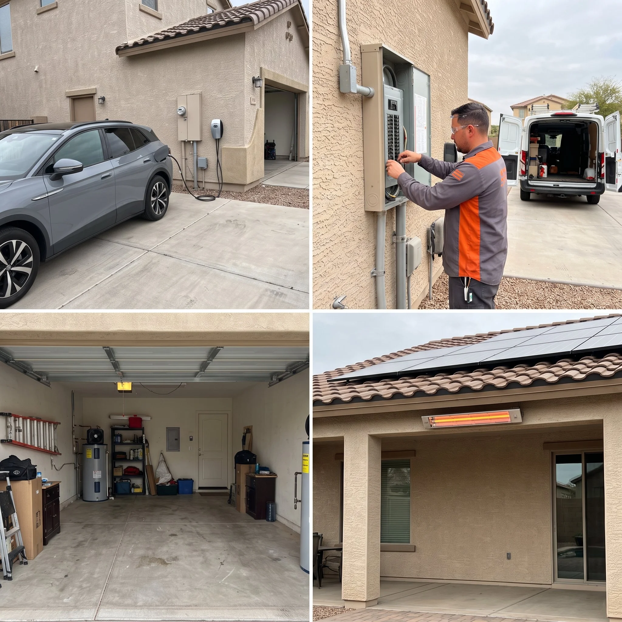 A collage of four images showing different parts of a house and garage, including an electric vehicle charging station, a technician working on electrical panels, the interior of a garage with storage shelves and equipment, and the exterior of a house with solar panels.
