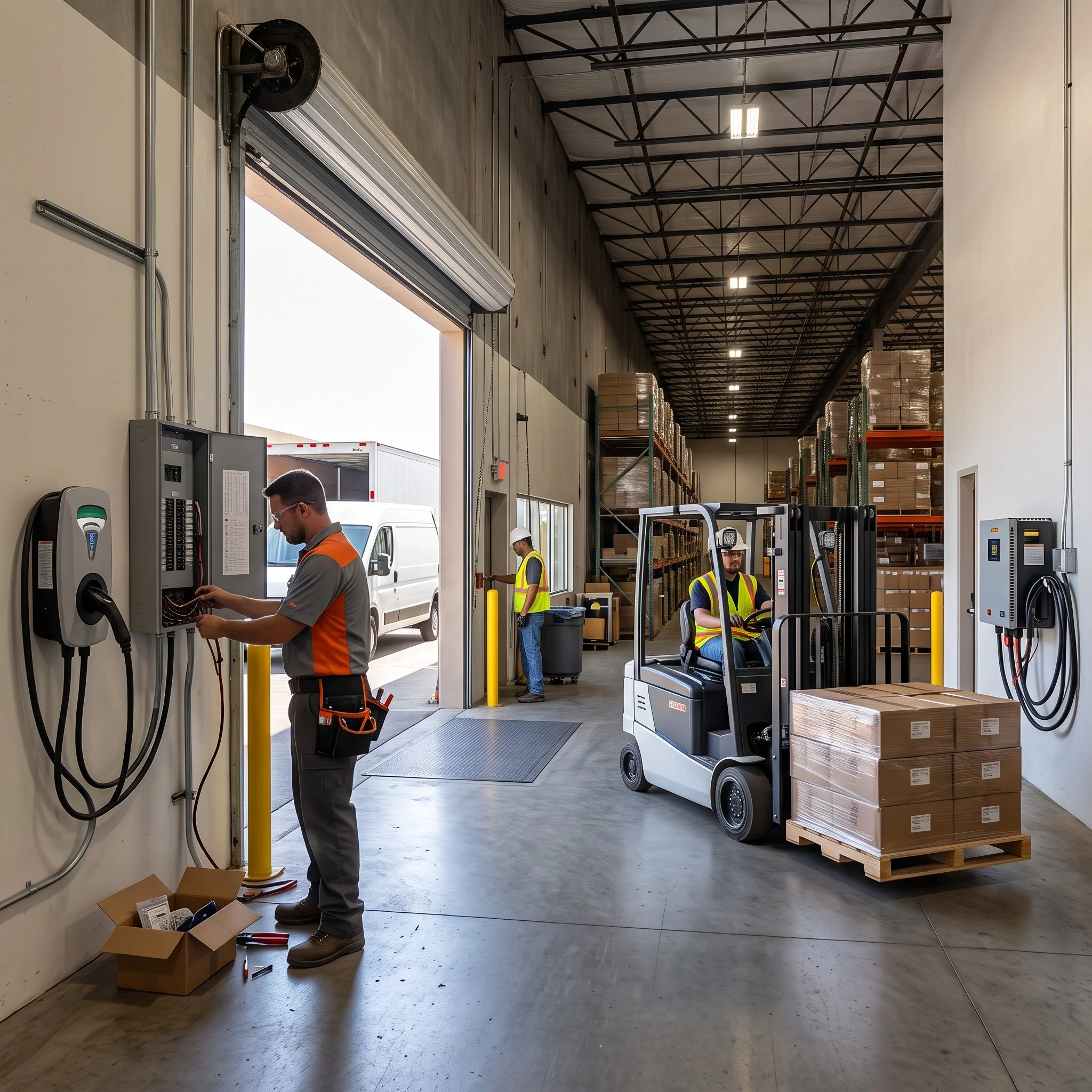 Workers in a warehouse or industrial facility, with one operating a forklift and another handling electrical wiring, surrounded by shelves of boxes and equipment.