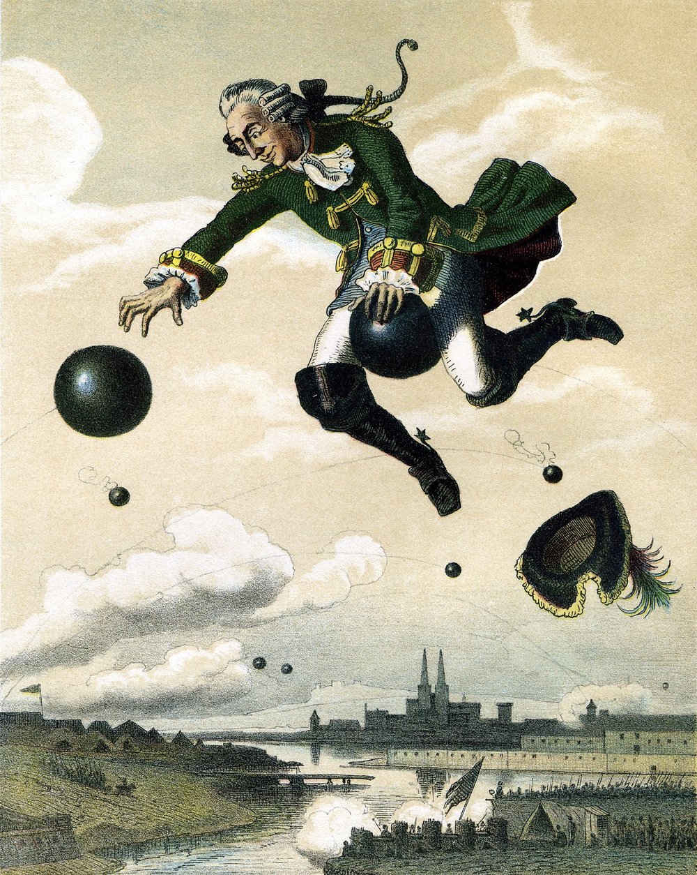  The fictional Munchaussen (note the distinct spelling) rides a cannonball in one such highly improbably adventure.   Source: Wikimedia commons 