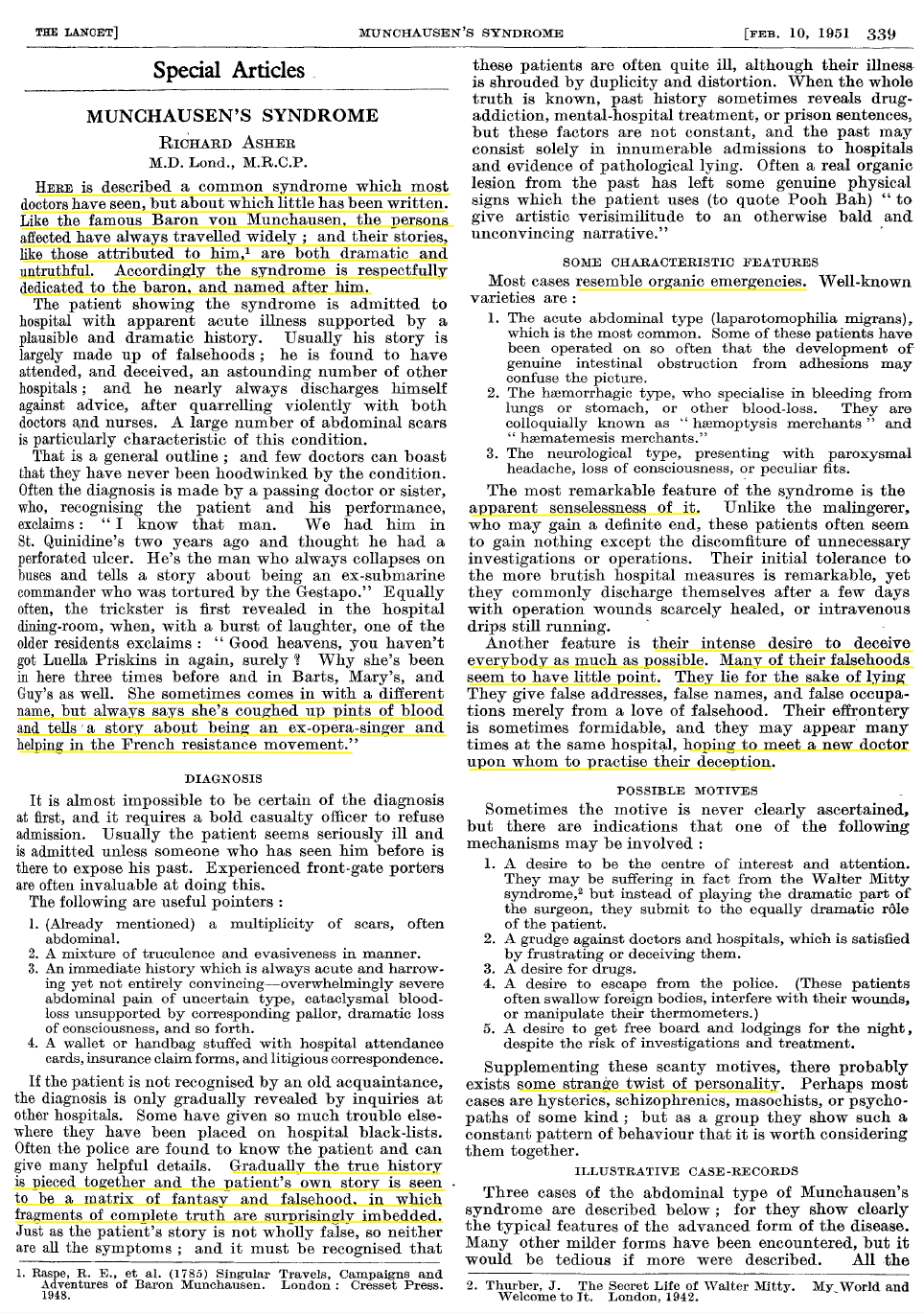  Lancet article by Richard Asher in 1951. 