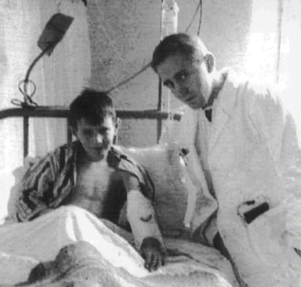  Stephen Christmas, age 7, receiving a blood transfusion while hospitalized at Toronto General Hospital.  Source: Giagrand et al https://onlinelibrary.wiley.com/doi/full/10.1046/j.1365-2141.2003.04333.x 