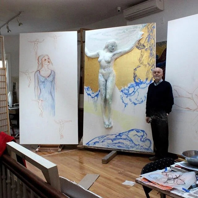 Work In Progress continues with this gorgeous triptych by our long-time friend and client, Michael Price.  He shares: &ldquo;..in my studio with 3 of the 8 ft panels that I received not so long ago [from Barronarts]. The work now in its initial stage