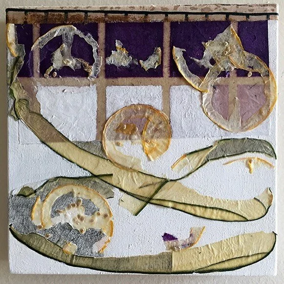 &ldquo;Work in Progress&rdquo; from our good friend Joyce Pommer...on some of our small stretched Belgian linen frames. &ldquo;Thanks for my 4&rdquo; x 4&rdquo; gems...Am attaching 2 new mixed media pieces, one done and one in progress ...on your bea