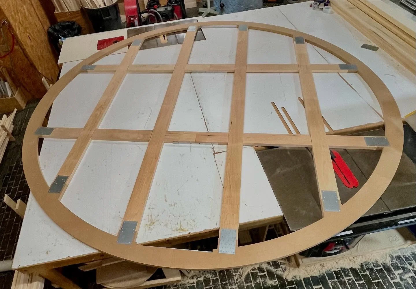 This is the largest circular stretcher we have ever built&hellip;almost a full 12 feet in diameter!  It will be gracing the ceiling of a NYC restaurant and was built as a fully FOLDABLE strainer in order to transport and access the space. Thanks to J