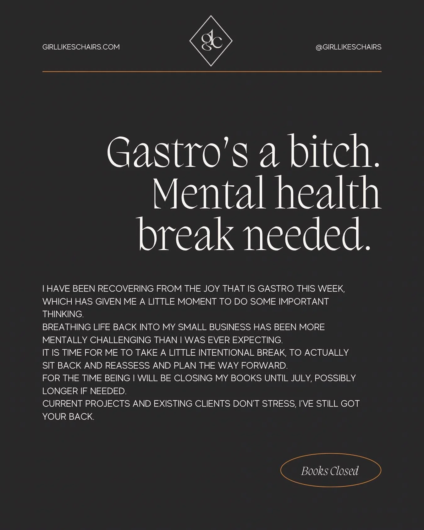 i have been recovering from the joy that is gastro this week, which has given me a little moment to do some important thinking.
BREATHING life back into my small business has been more mentally challenging than i was ever expecting. 
it is time for m