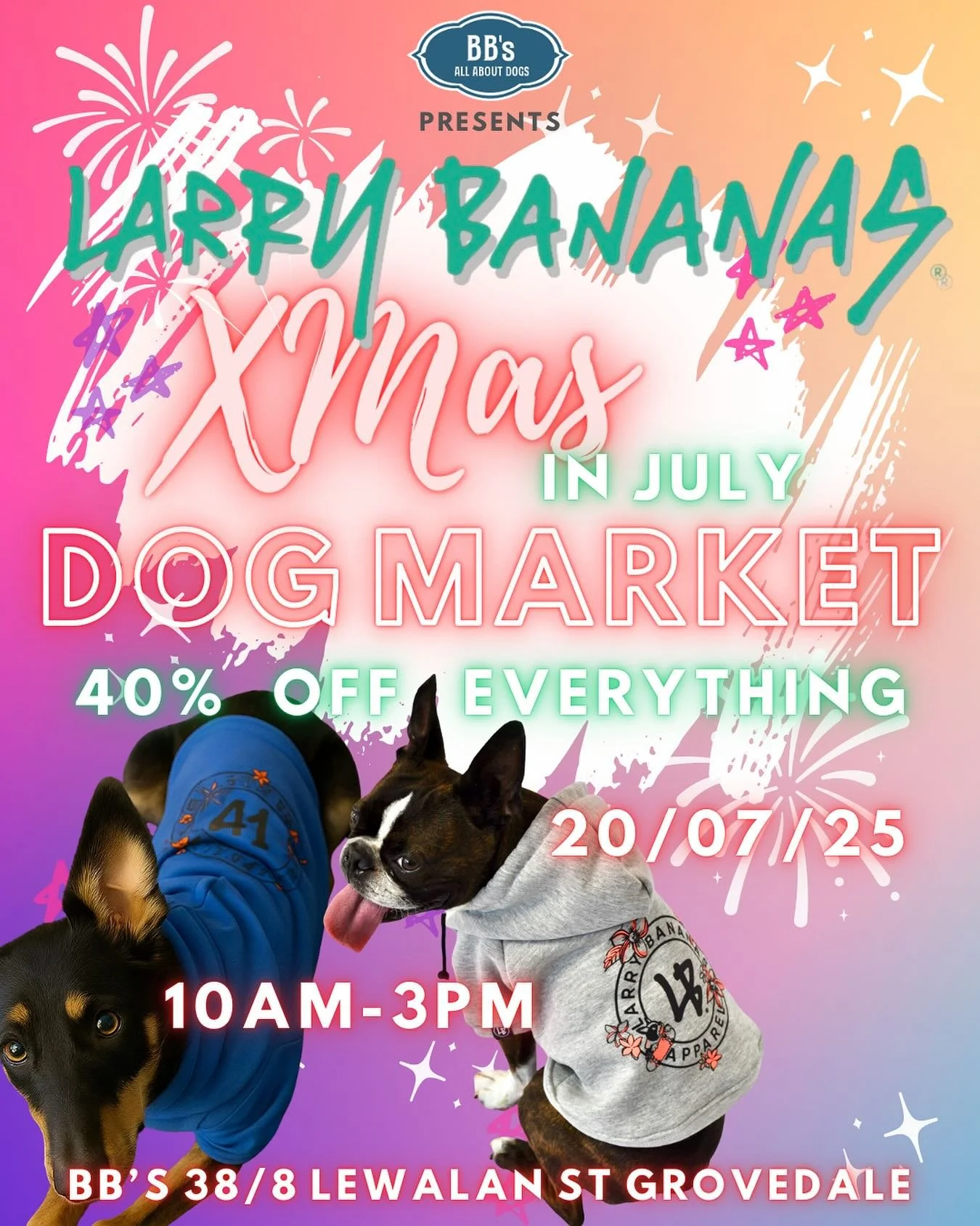 Get ready to get your paws on some warm winter threads as we&rsquo;re celebrating XMAS IN JULY with some paw-some deals 🤙🏻 Come and join the Larry Bananas crew at @bbs_all.about.dogs XMAS IN JULY Dog Market✨🎄
💸 40% OFF all items for BB&rsquo;s cu