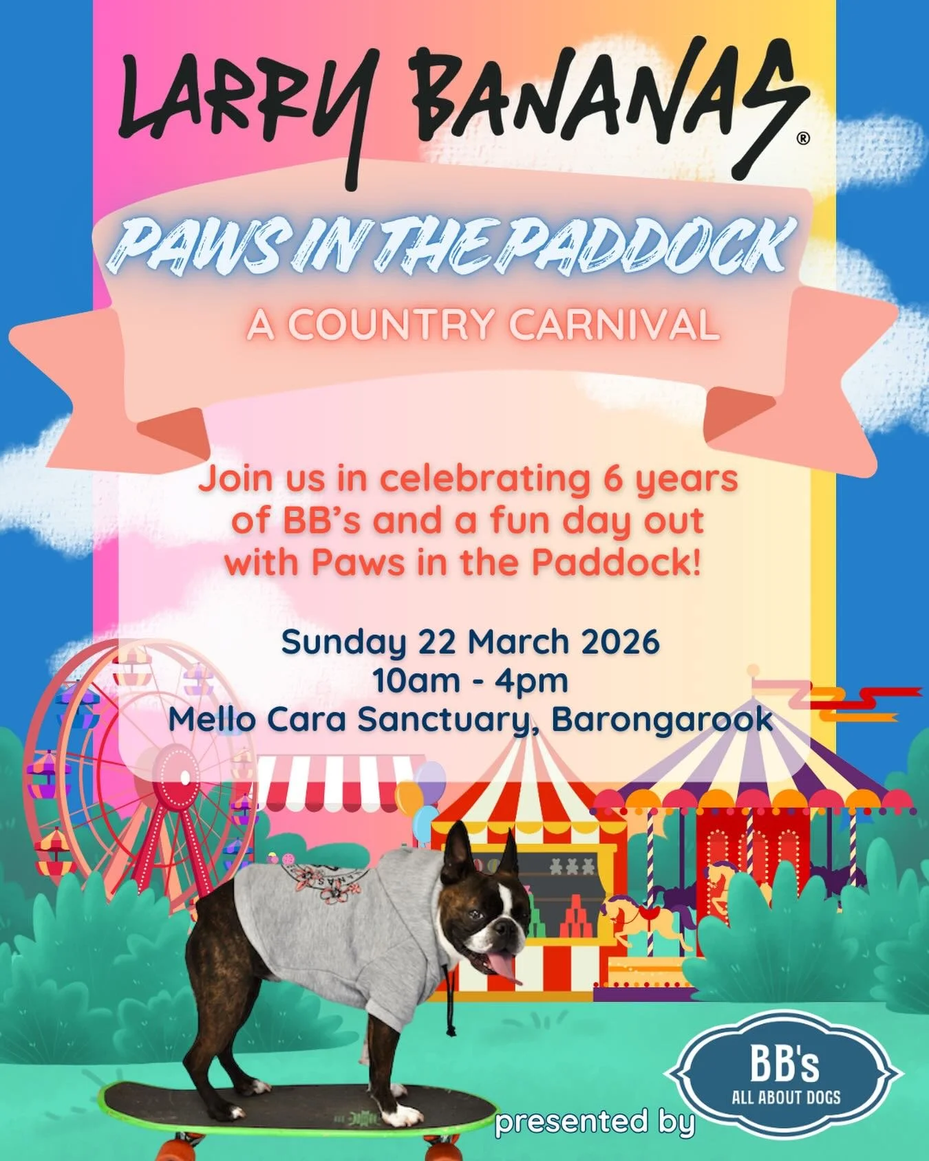 Get ready for this! 
Join us at a fun day out with @bbs_all.about.dogs and @mello.cara.sanctuary at Paws in the Paddock 🐾🎪🐾
🗓️ Sunday 22 March 2026
⏰ 10am - 4pm
📍 Mello Cara Sanctuary, Barongarook

It&rsquo;s set to be a fun filled canine carniv