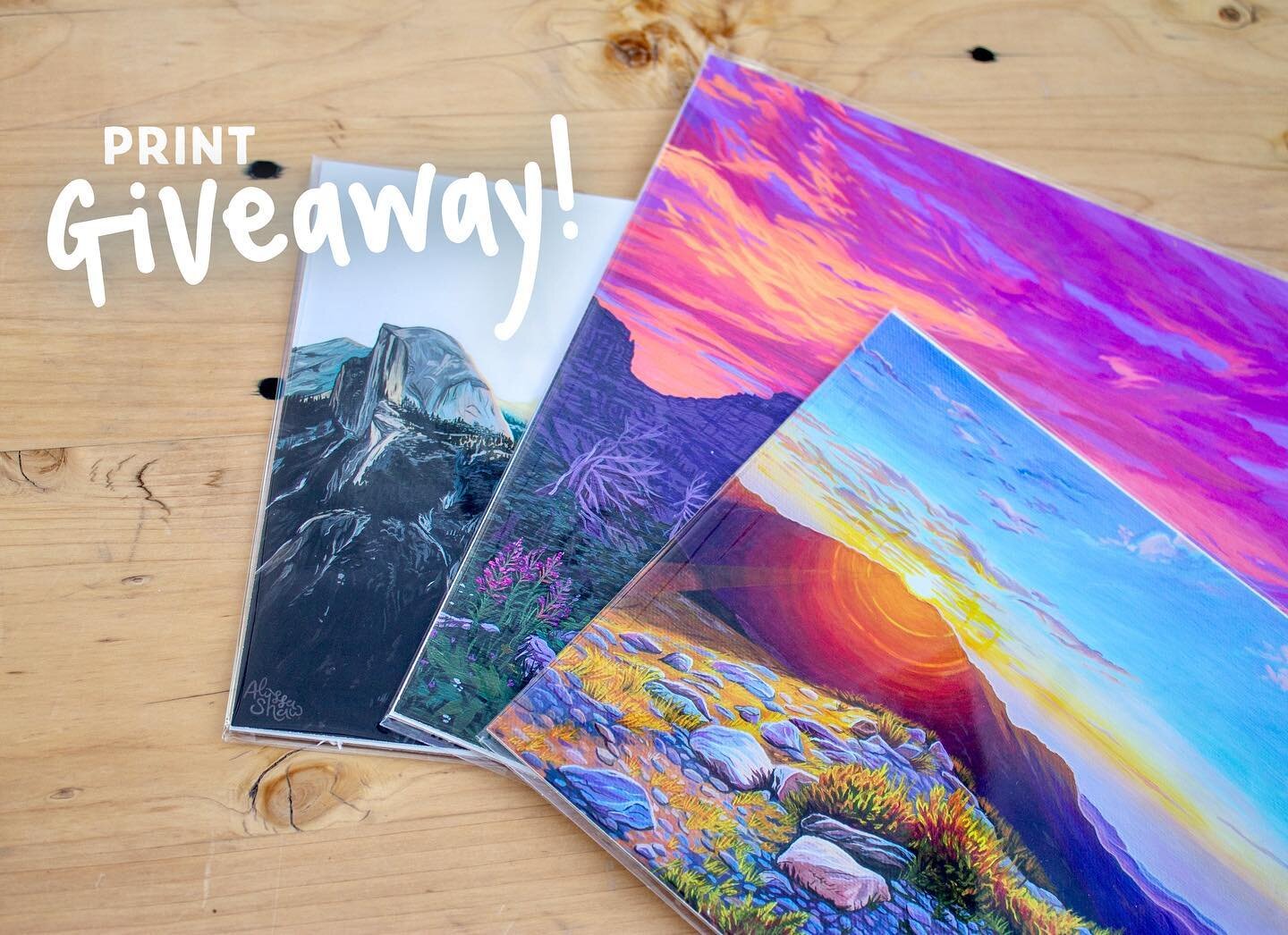 Surprise! 🥳 it&rsquo;s GIVEAWAY time! I&rsquo;m so excited to offer you guys the chance to get an entire set of my three newest giclee prints of my original paintings. (a $135 value!) Yosemite Sunrise (8&rdquo;x13&rdquo;), Logan Pass Luminosity (11&