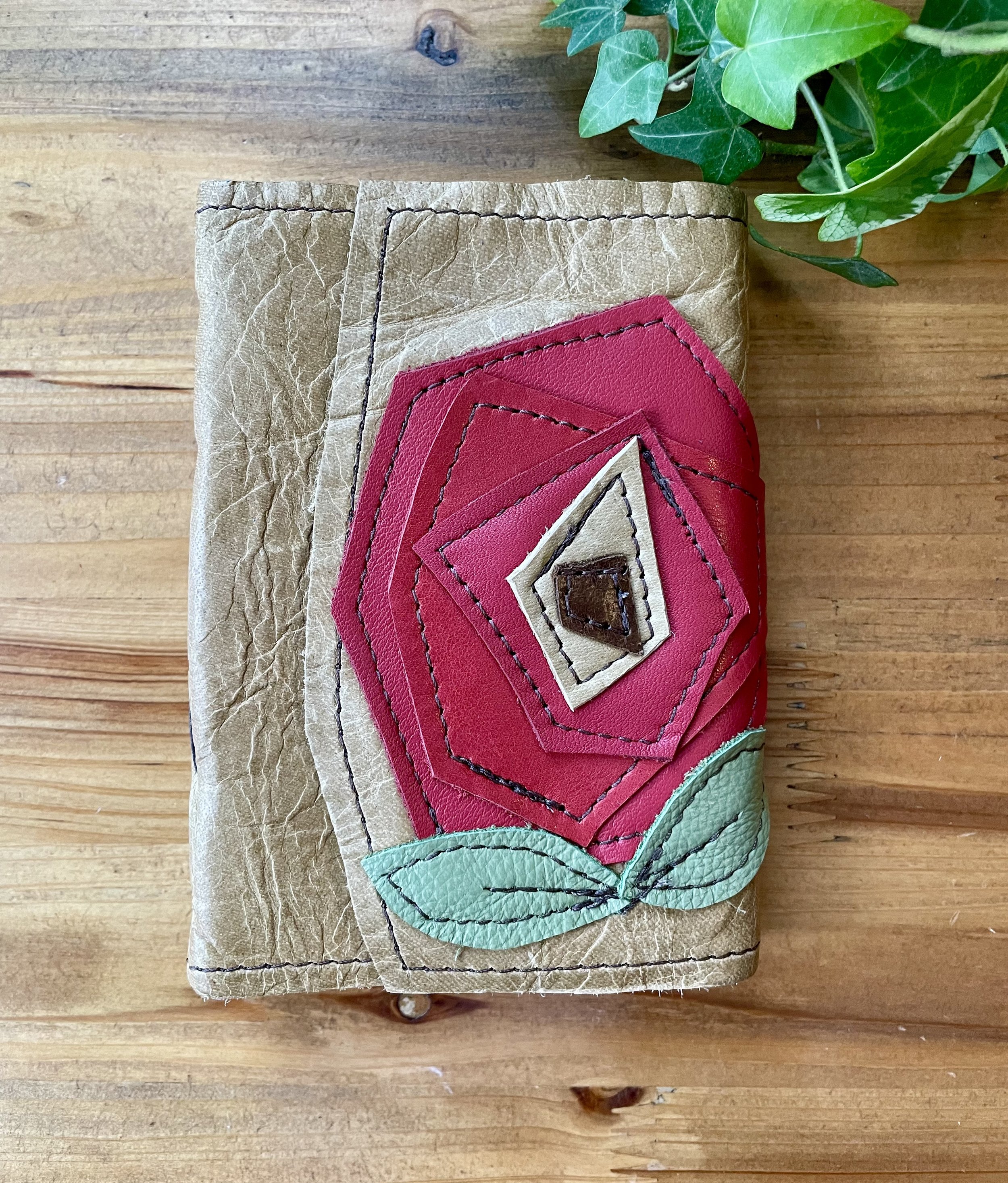 Small Mustard Leather Journal with a Rose - Handbound