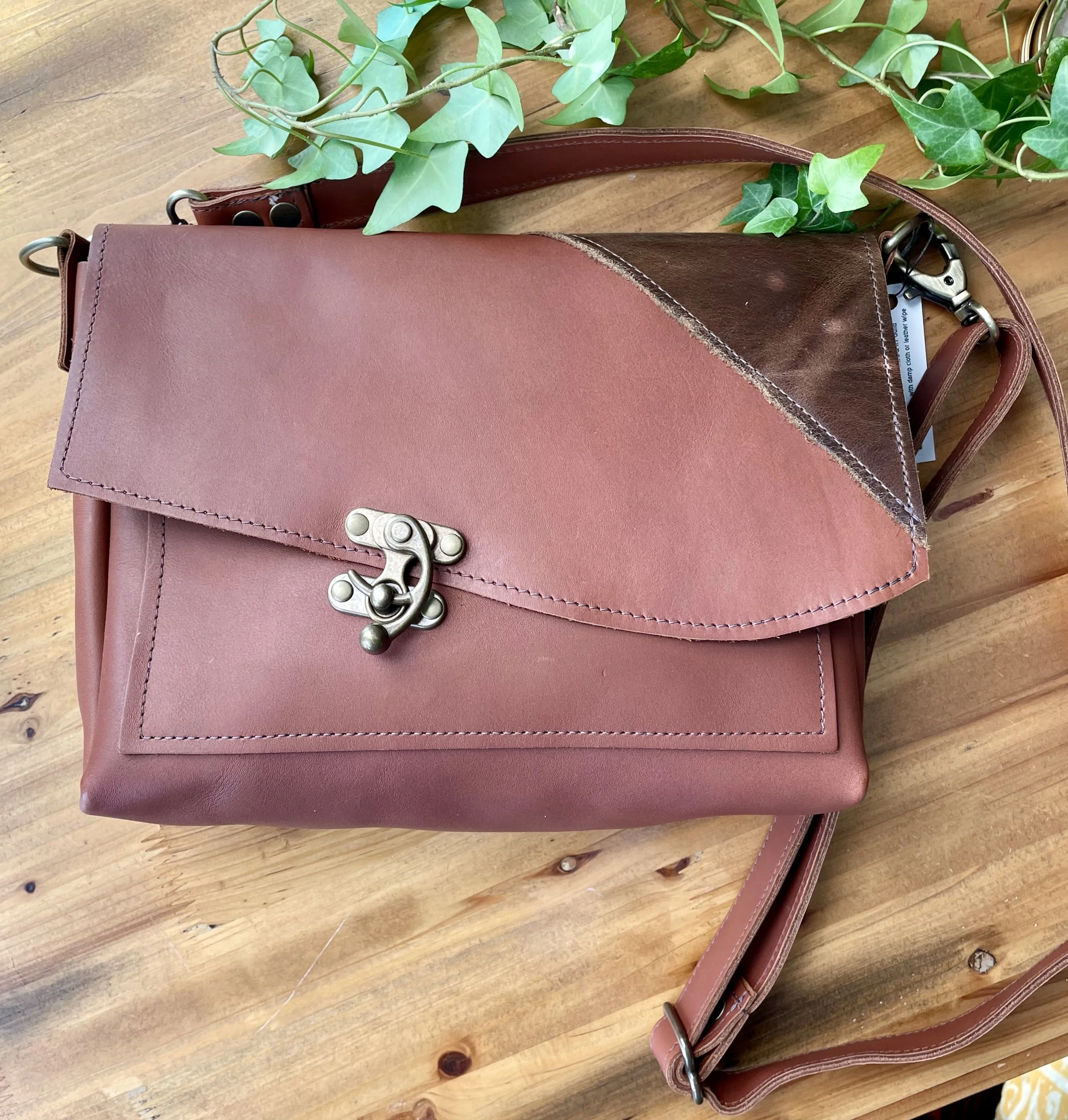Horizontal Dark Caramel Leather Purse with Adjustable Strap