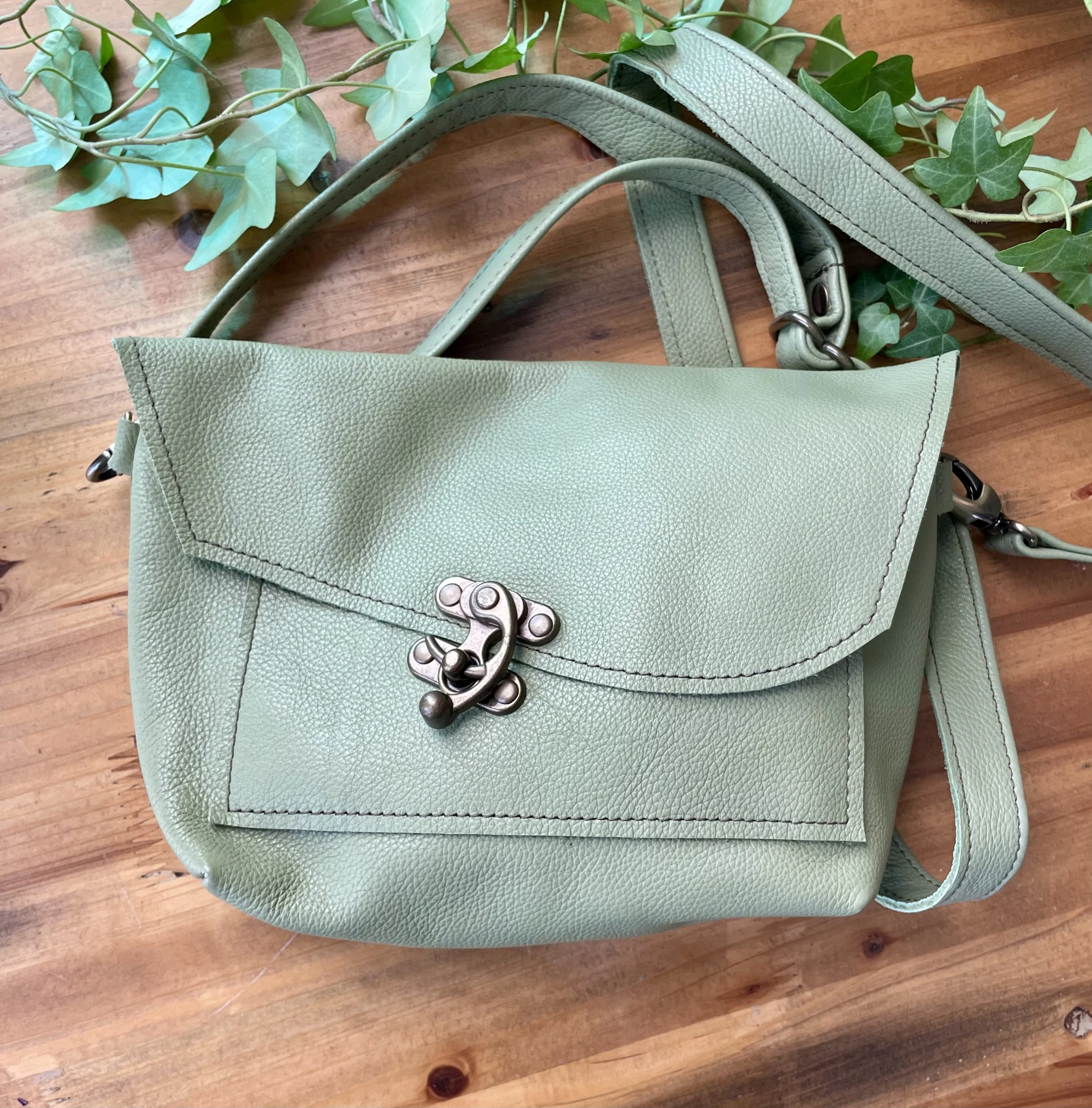Small Horizontal Sage Leather Purse with Adjustable Strap