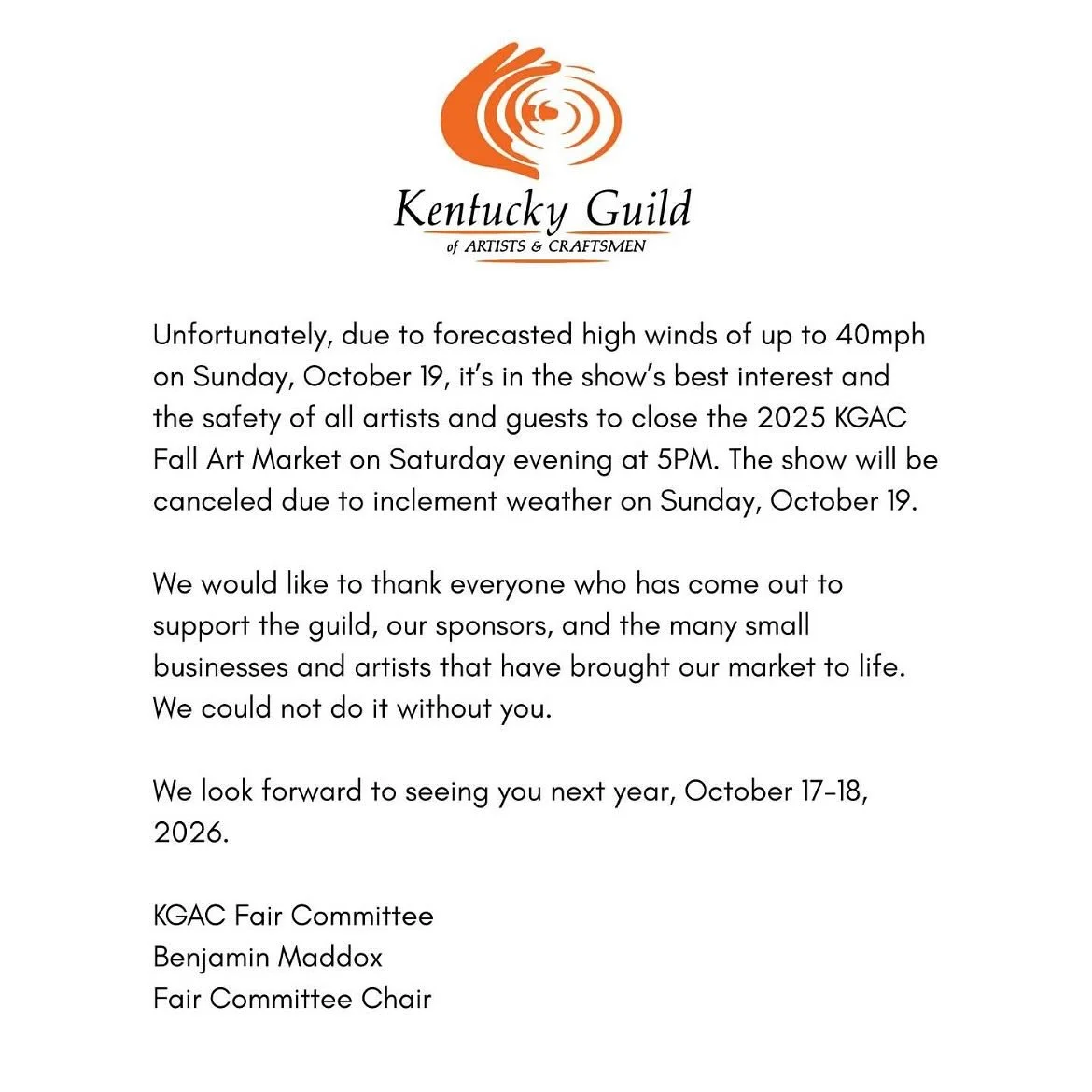 Just a heads up! Unfortunately, due to high winds and inclement weather, the @kyguild art market will be closed Sunday, October 19.

Thank you to everyone who came out yesterday! More to come on that&hellip;it was a great day!