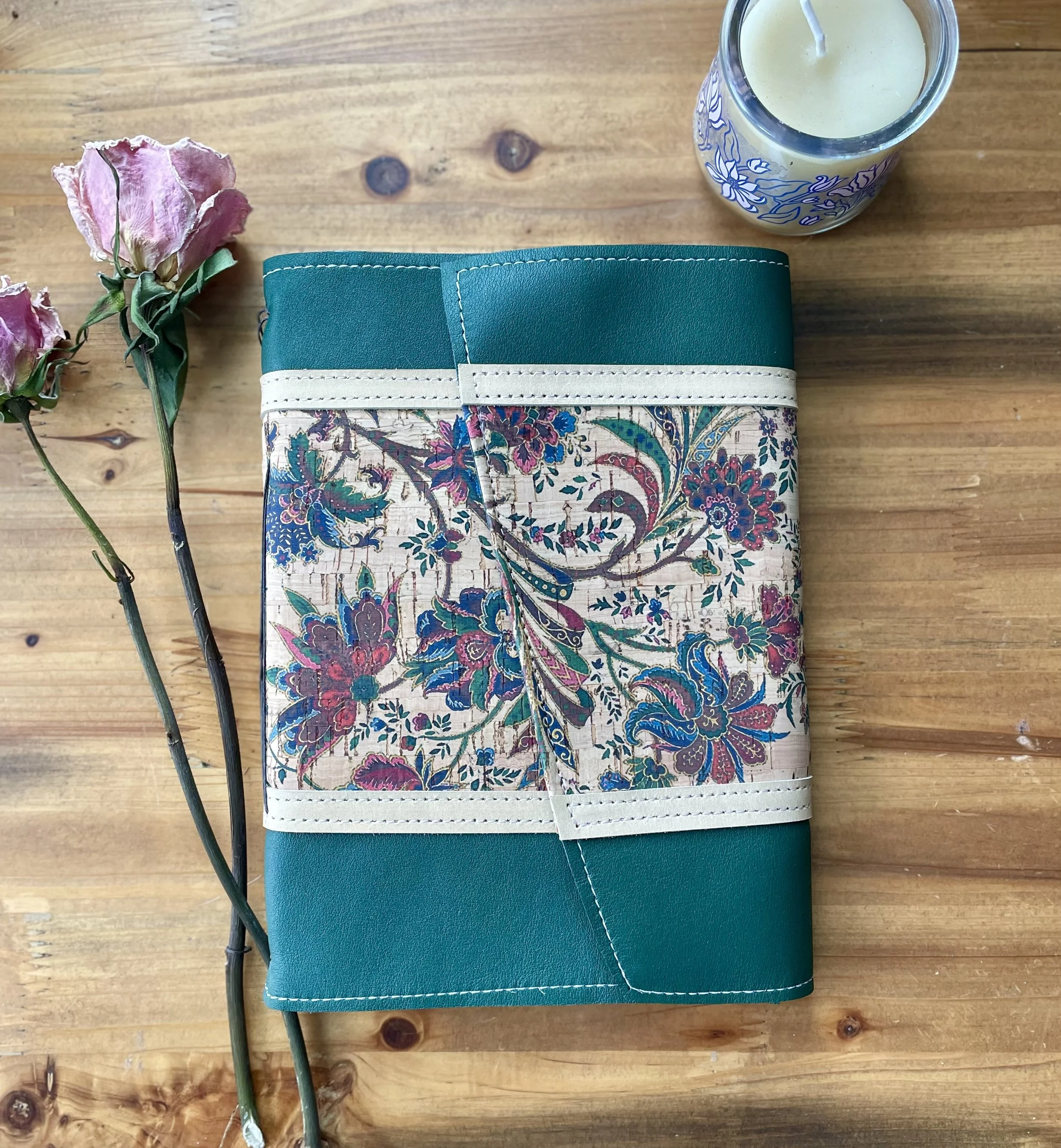 Large Dark Tea Green Leather Journal with Paisley - Handbound