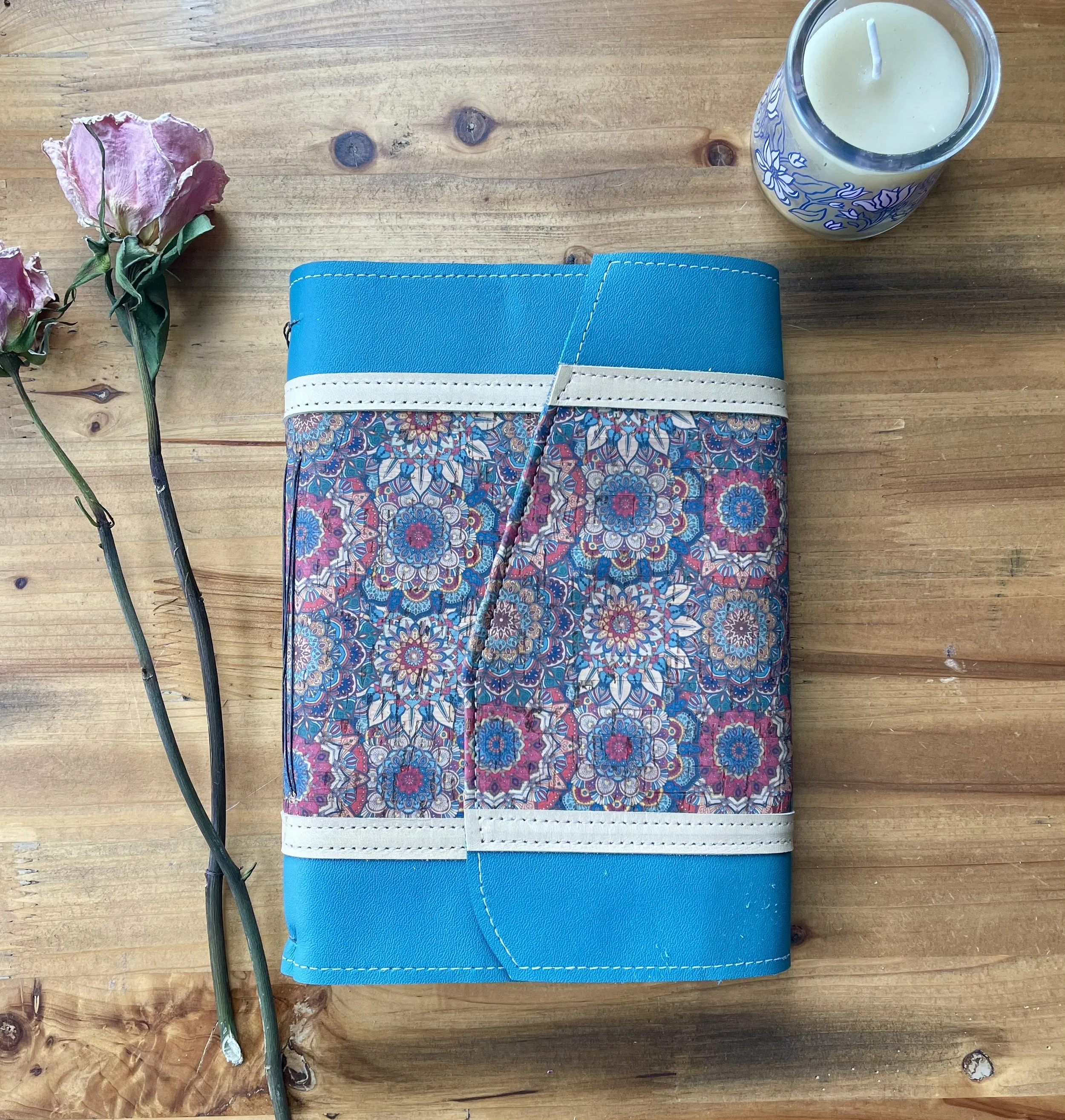 Large Turquoise Leather Journal with Mandalas- Handbound
