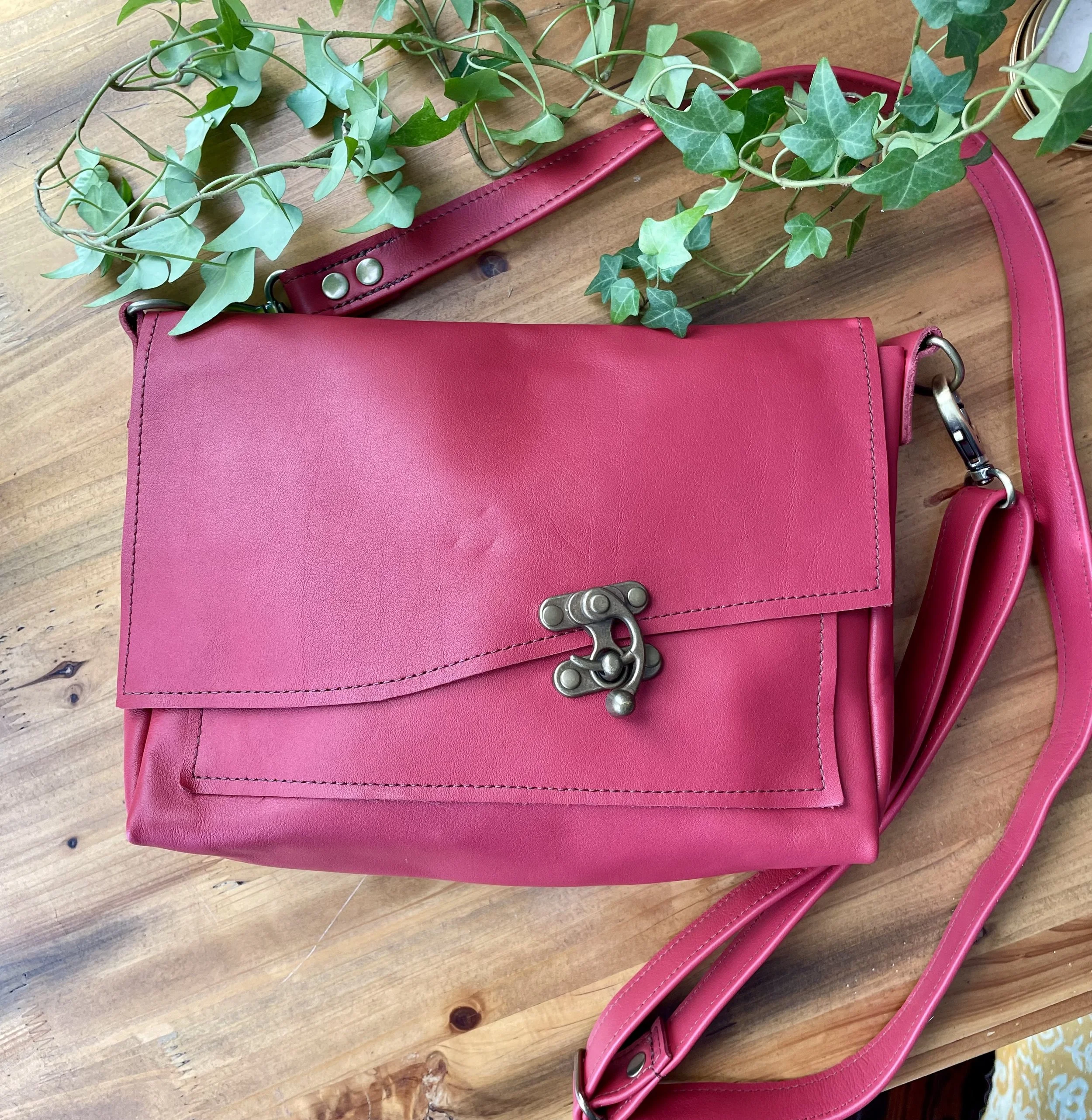 Horizontal Cherry Red Leather Purse with Adjustable Strap