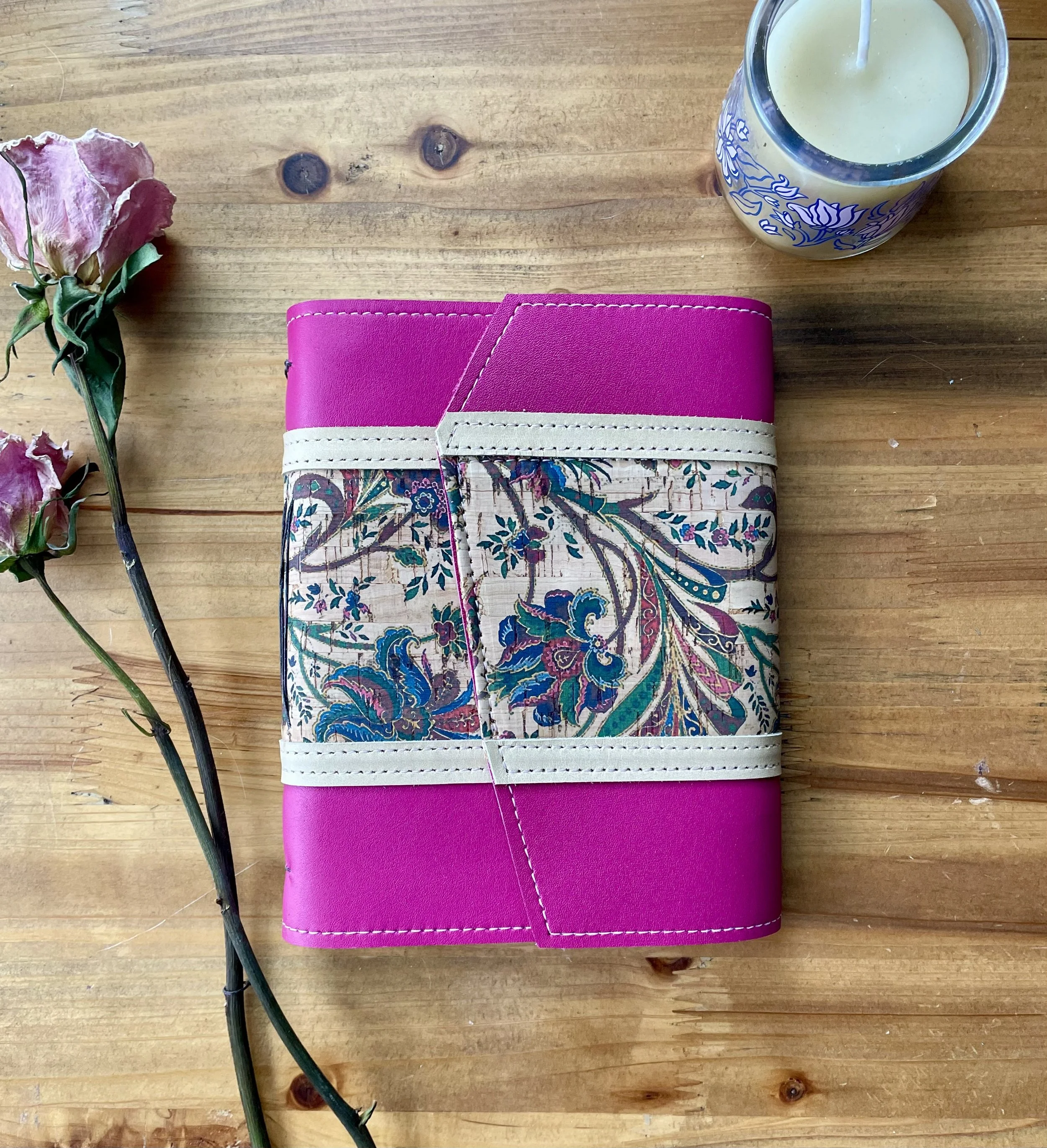 Medium Fuchsia Leather Journal with Paisley - Handbound