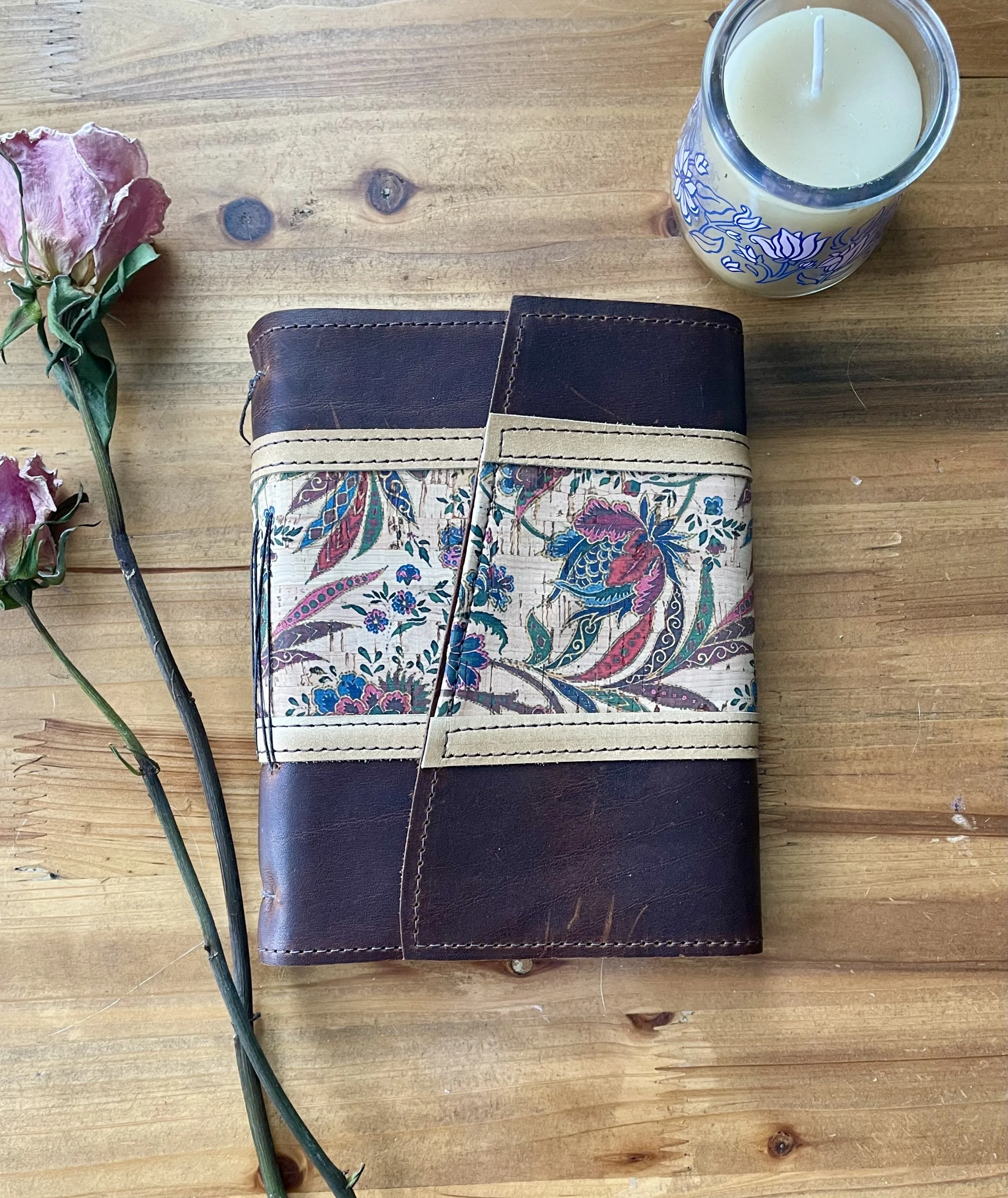 Medium Bourbon Leather Journal with Paisley - Handbound