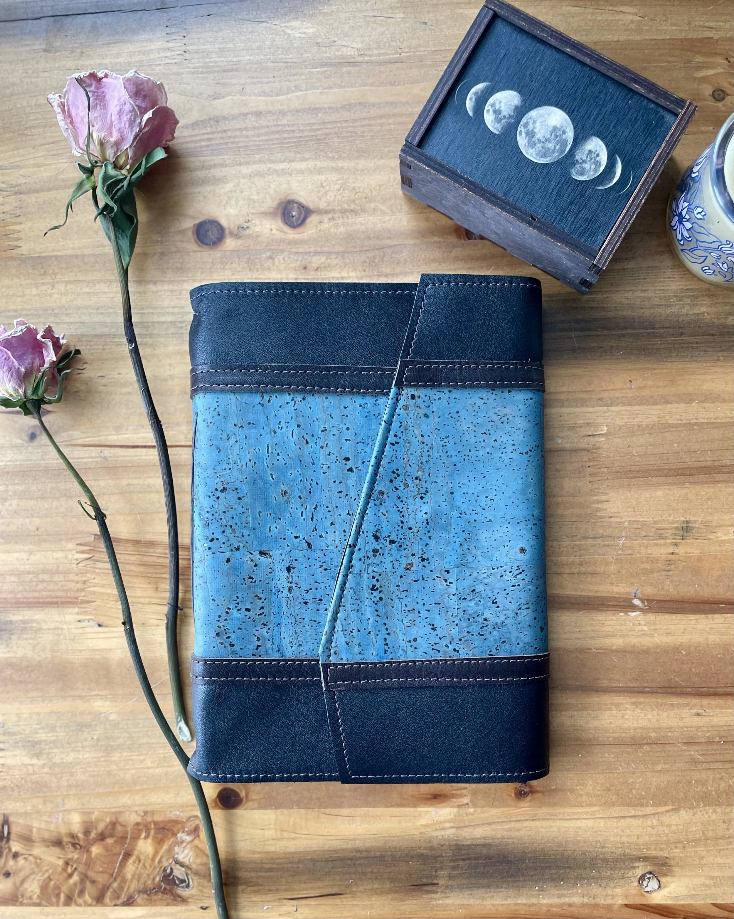 Large Black Leather Journal with Blue Cork- Handbound