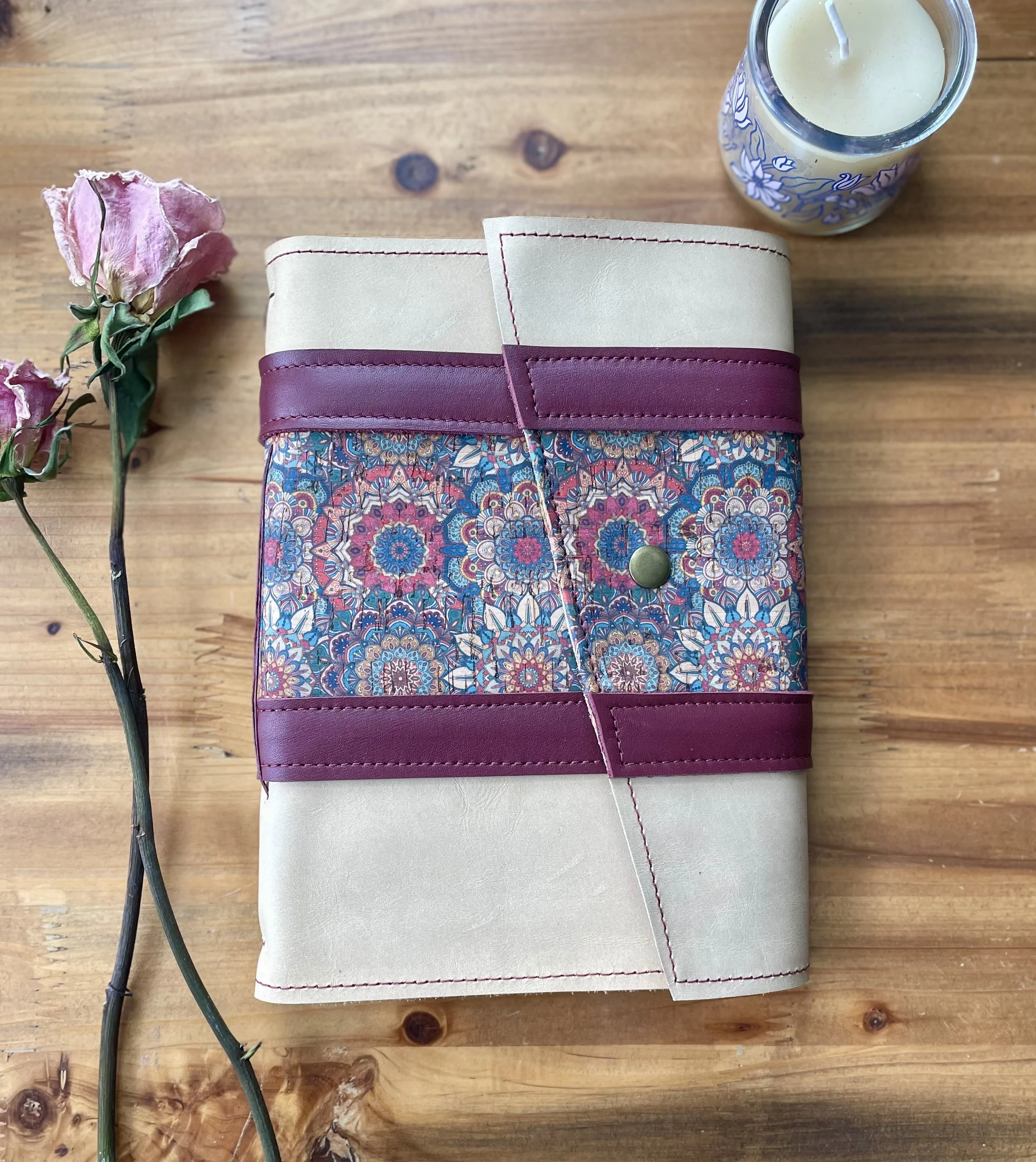 Large Cream Leather Journal with Mandalas - Handbound