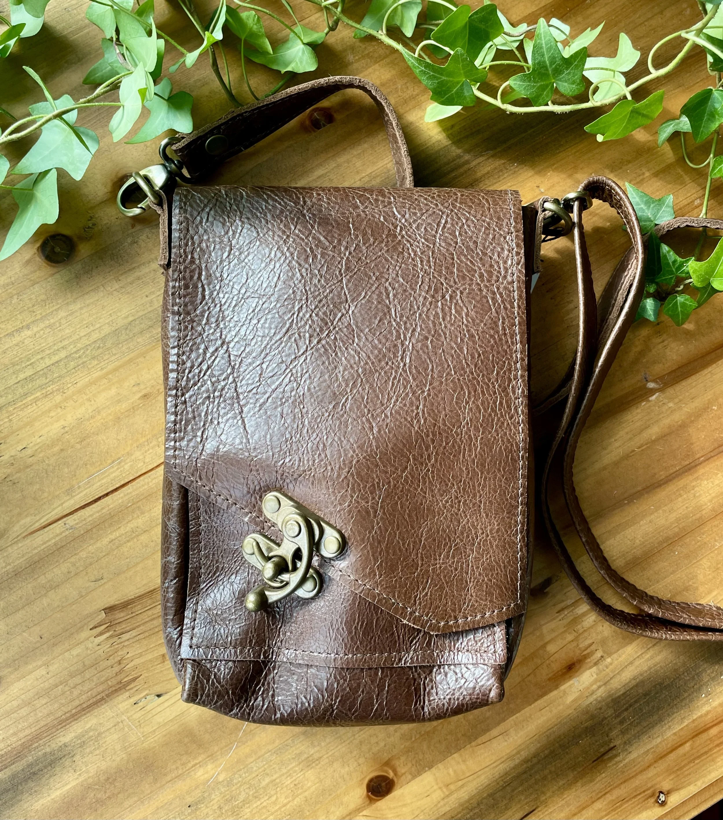Small Crossbody Milk Chocolate Leather Purse with Adjustable Strap