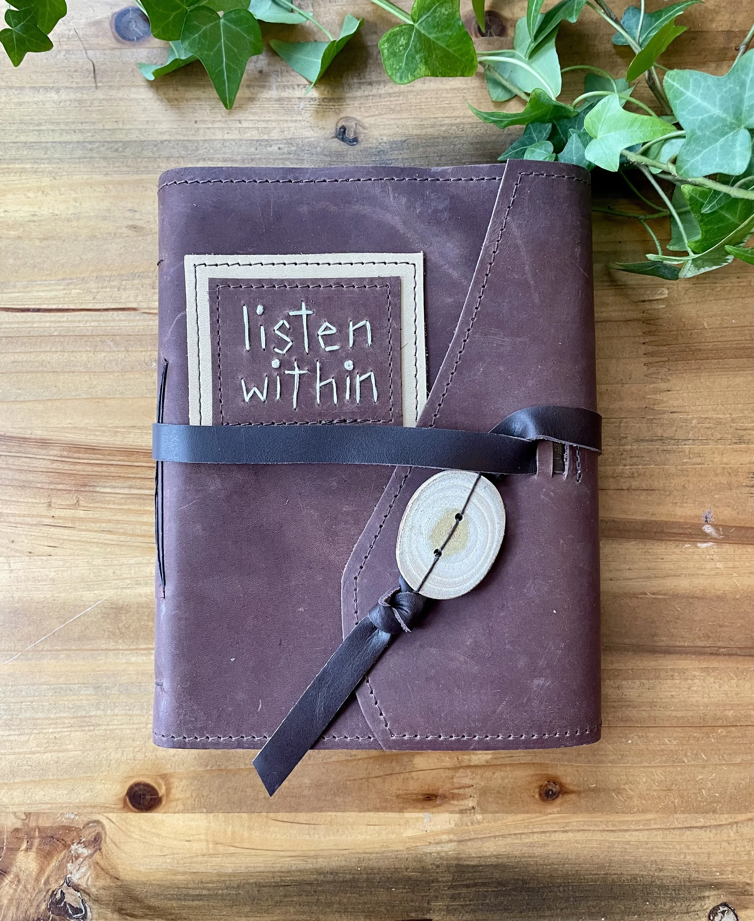 Medium "listen within" Leather Journal with Tie Closure-Handbound, Handmade Paper
