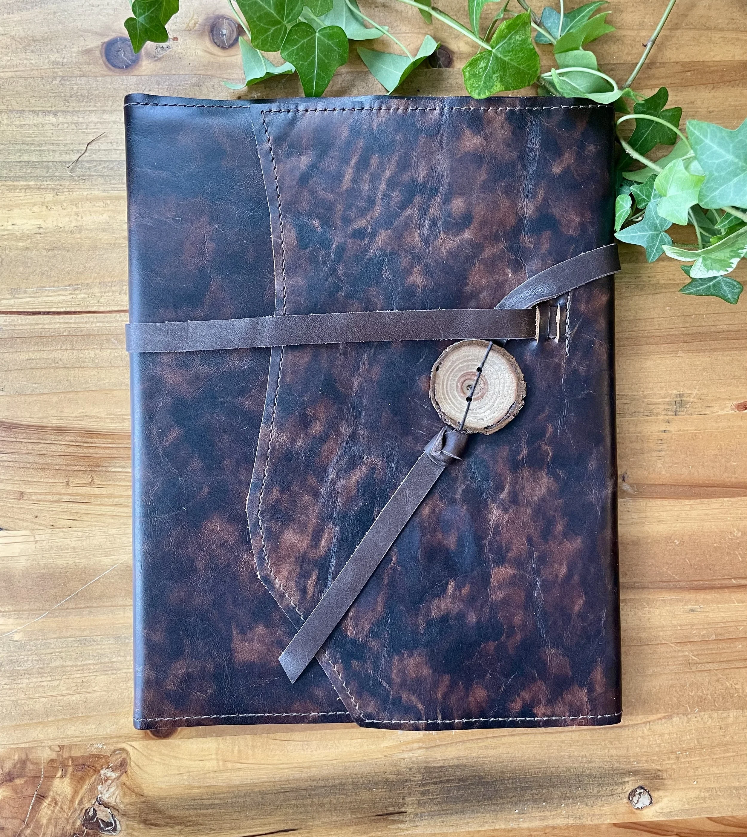 Large, Refillable: Marble Brown Leather Notebook with Tie Closure