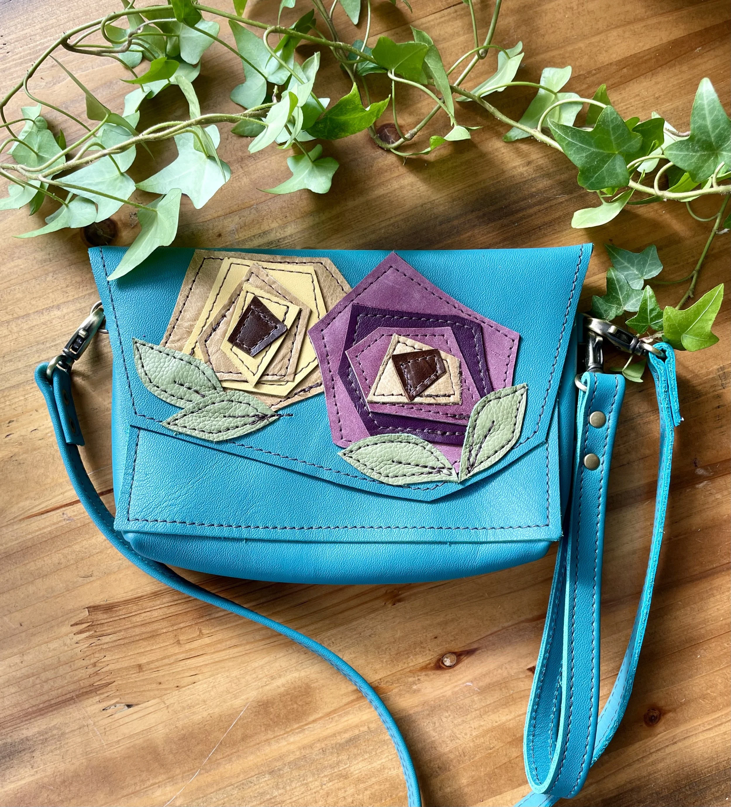 Minimalist Flower Teal Leather Purse with Crossbody and Wristlet Strap