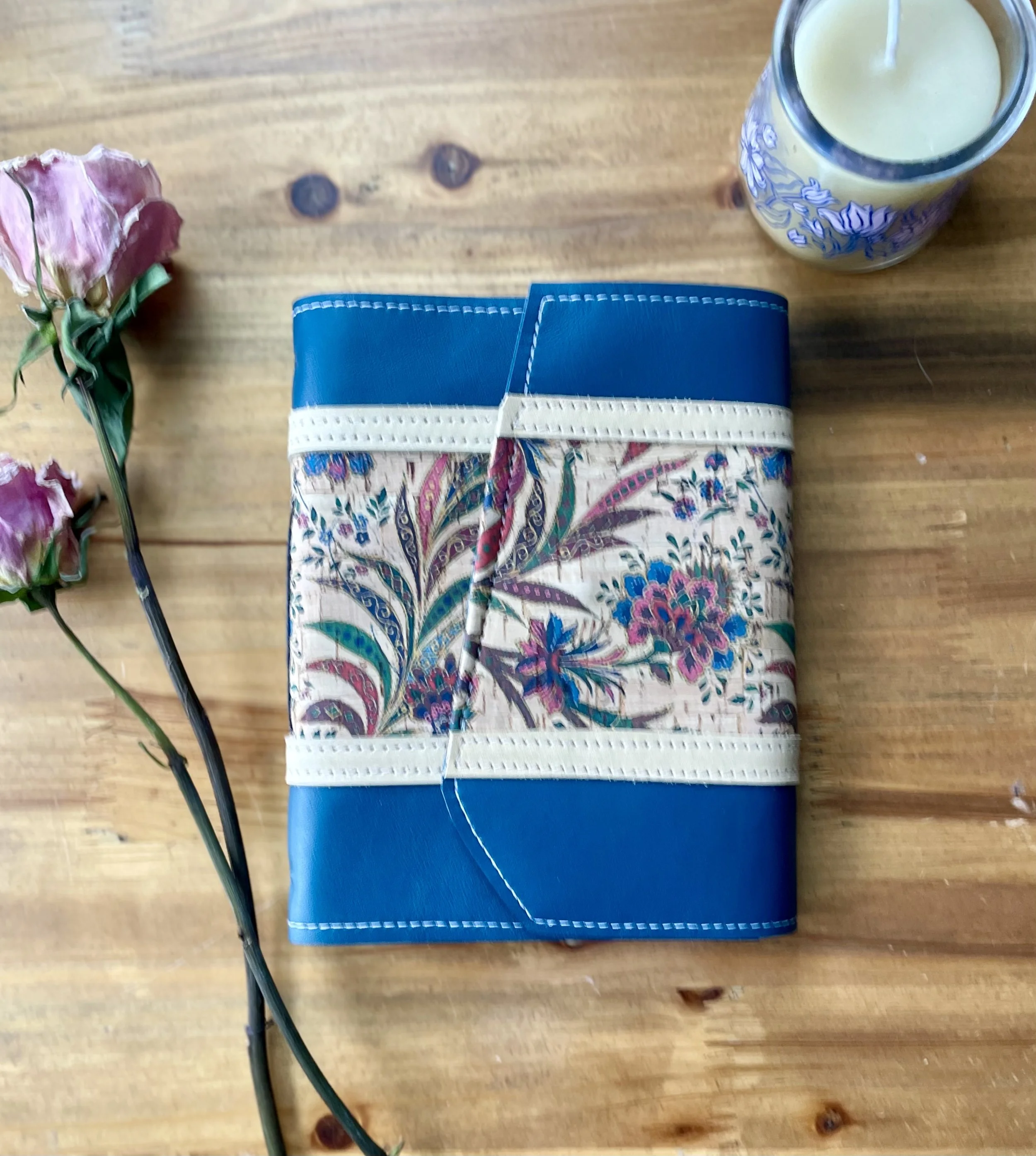 Medium Sea Blue Leather Journal with Paisley - Handbound