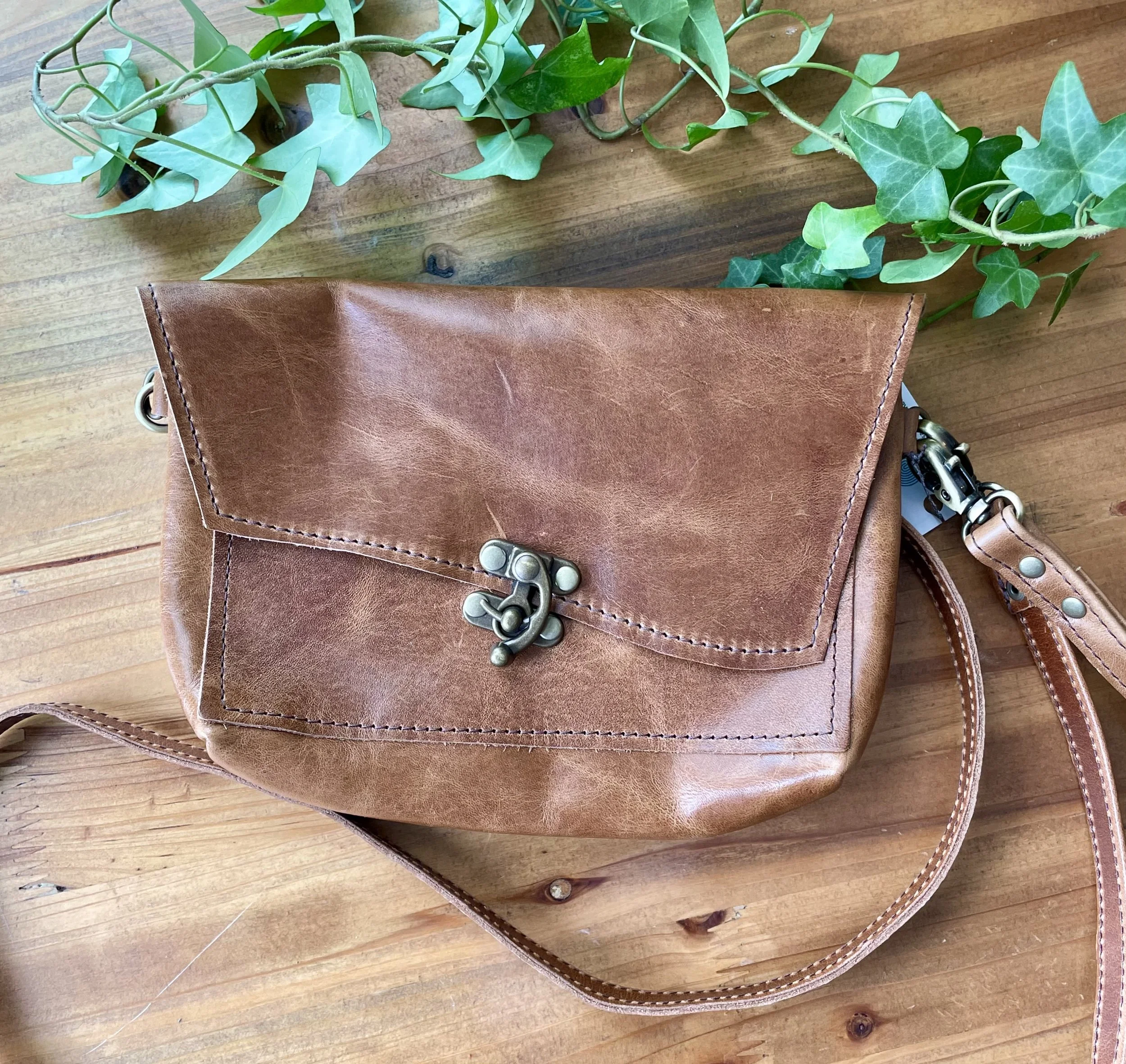 Minimalist Golden Brown Leather Purse with Crossbody and Wristlet Strap