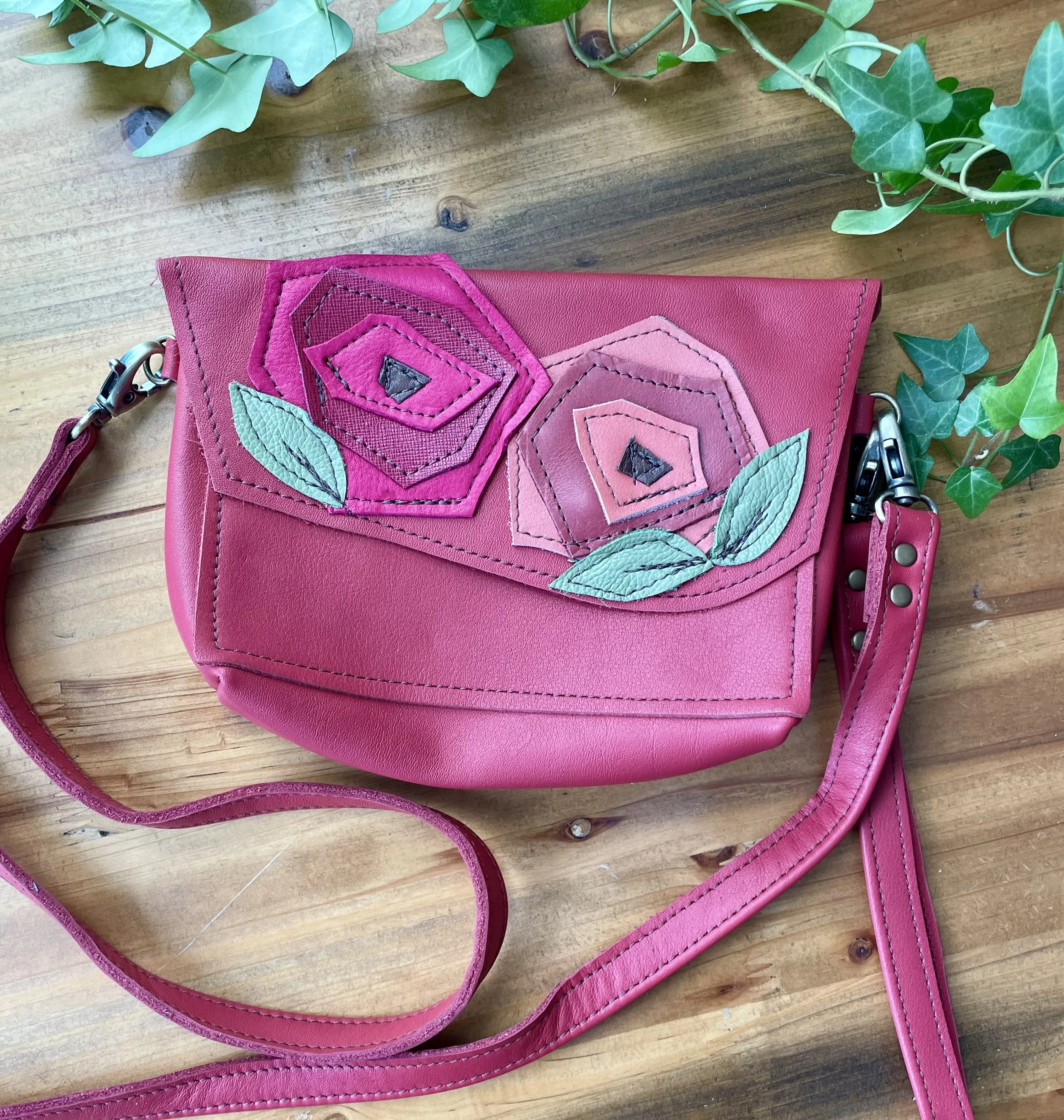 Minimalist Flower Red Leather Purse with Crossbody and Wristlet Strap